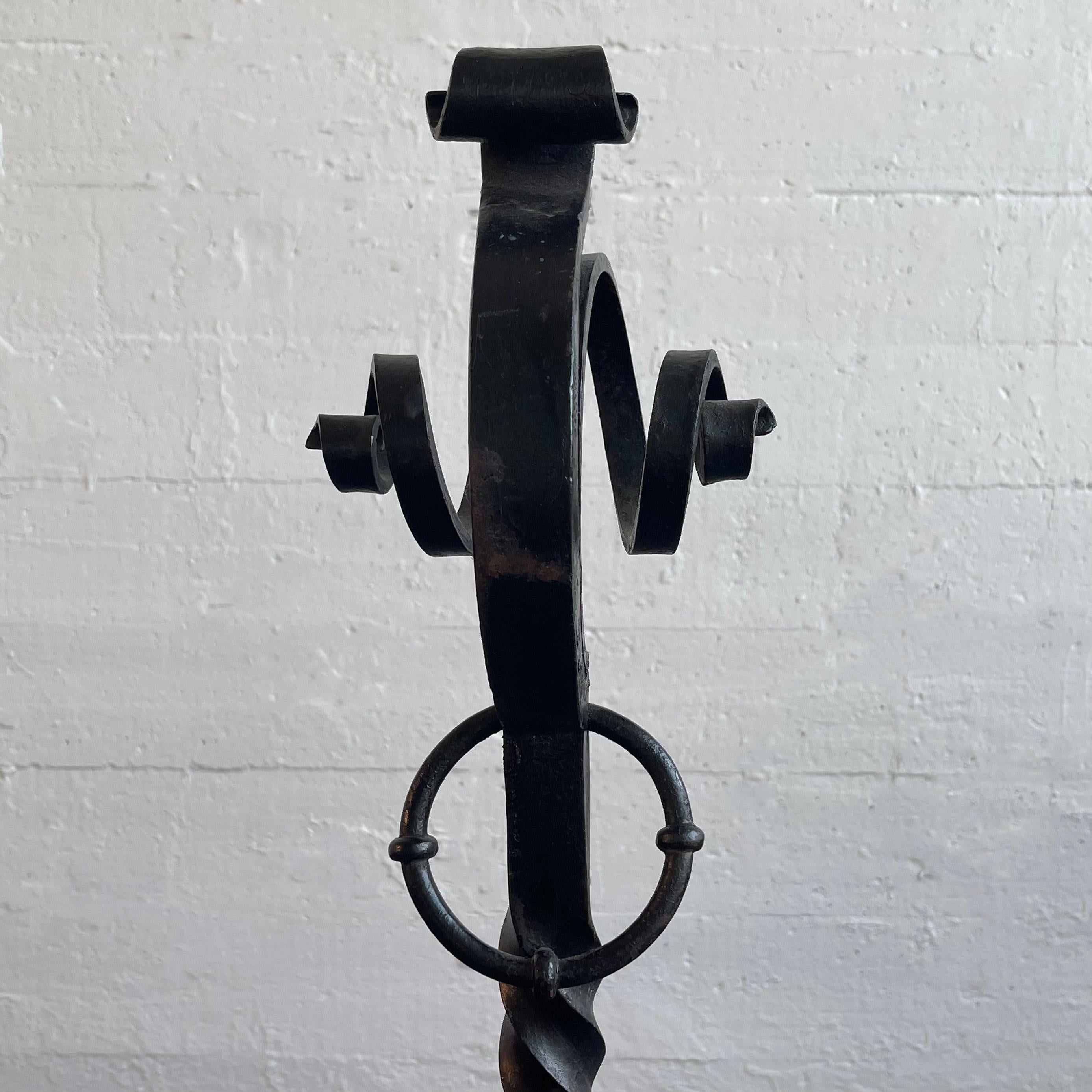 Arts And Crafts Three Piece Wrought Iron Andirons Set For Sale 4
