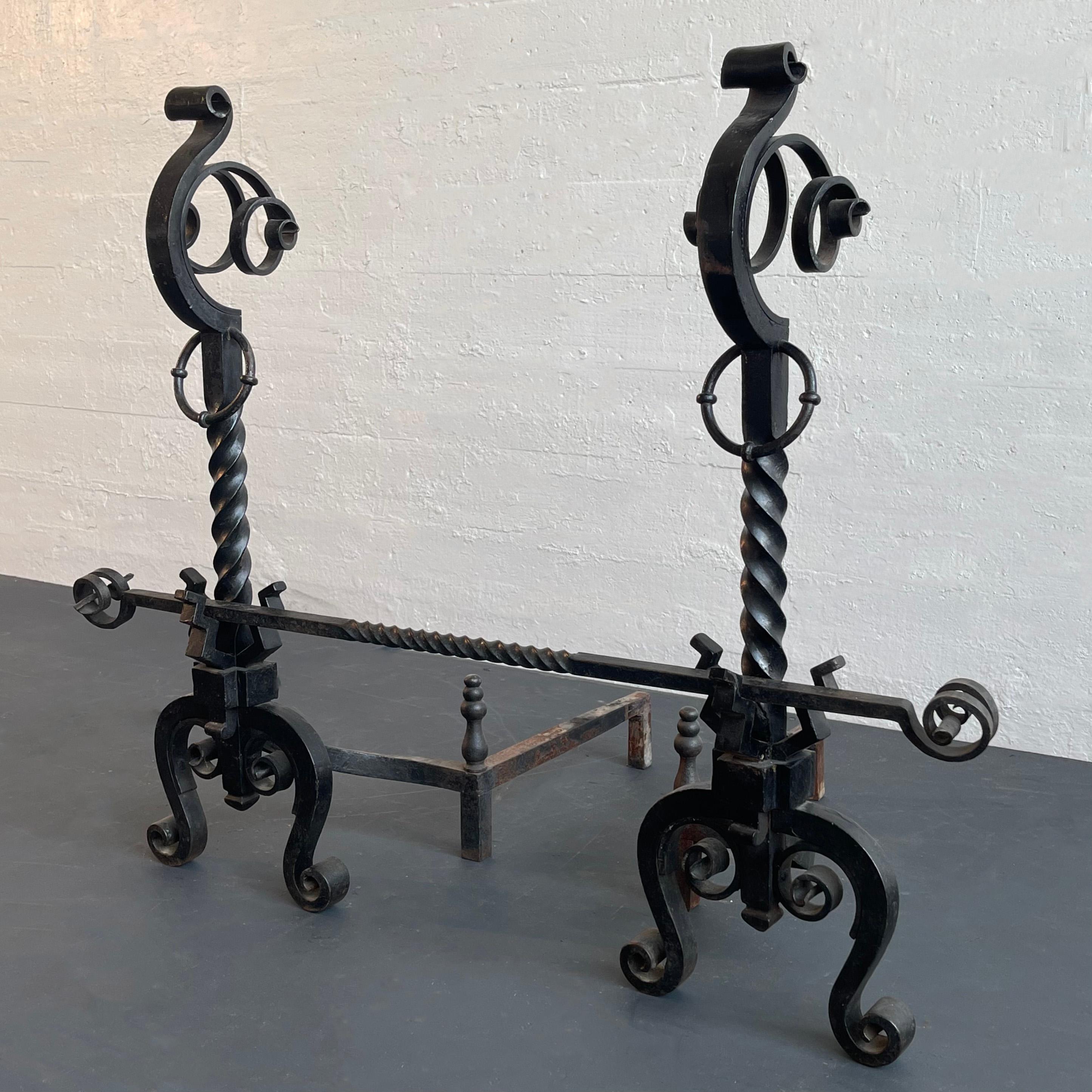 Arts and Crafts Arts And Crafts Three Piece Wrought Iron Andirons Set For Sale