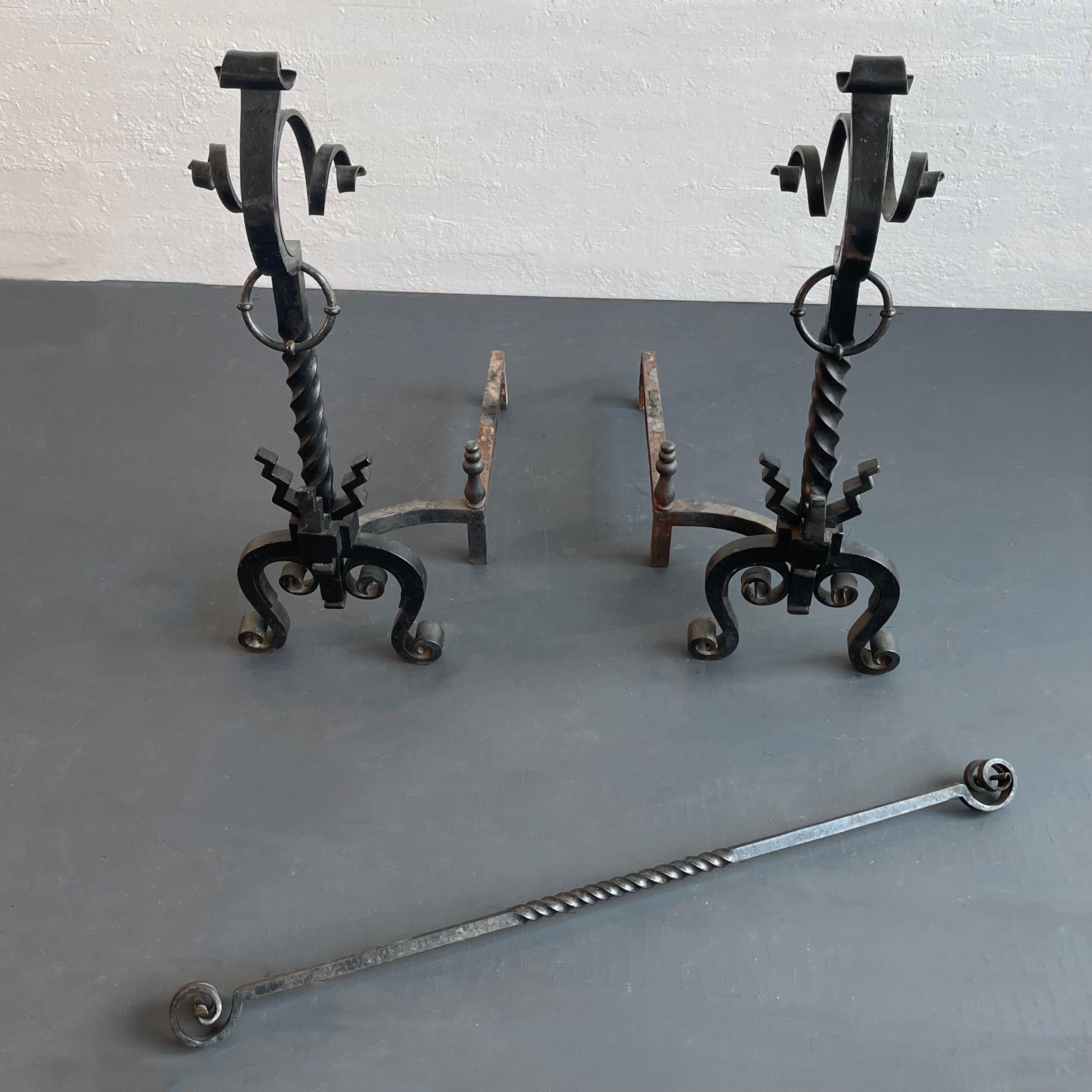 American Arts And Crafts Three Piece Wrought Iron Andirons Set For Sale