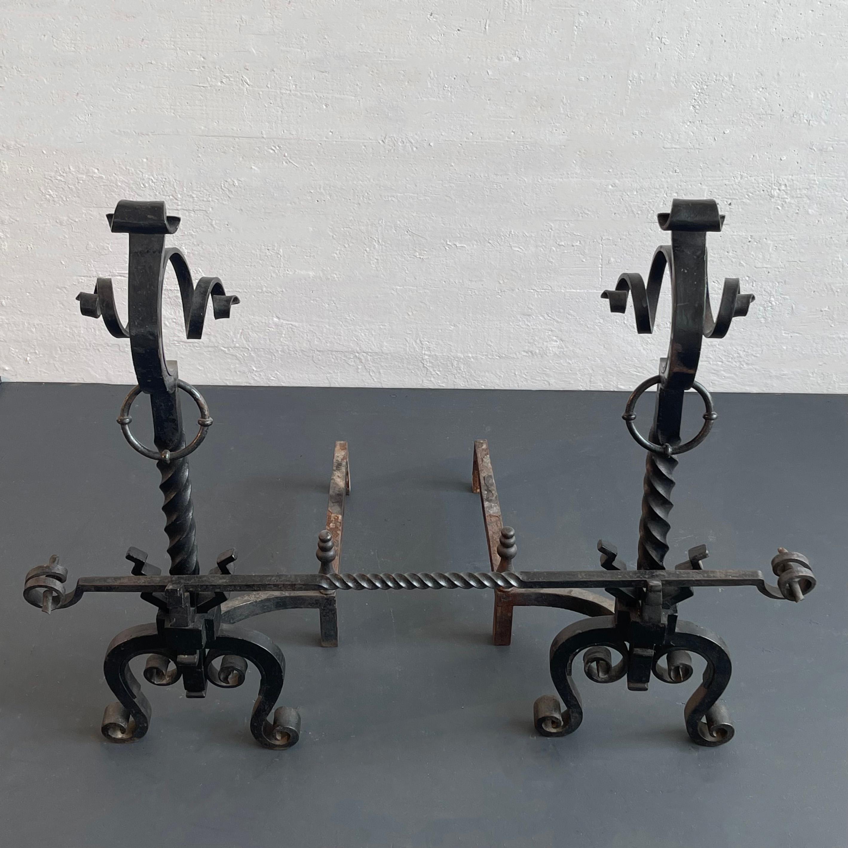 Arts And Crafts Three Piece Wrought Iron Andirons Set In Good Condition For Sale In Brooklyn, NY