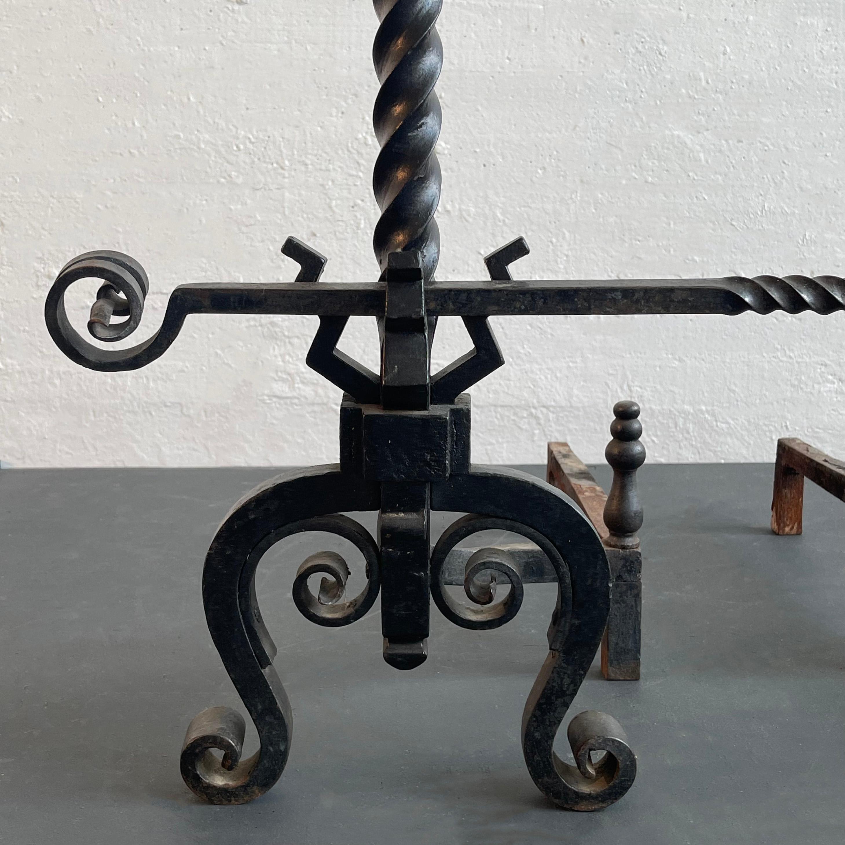 20th Century Arts And Crafts Three Piece Wrought Iron Andirons Set For Sale