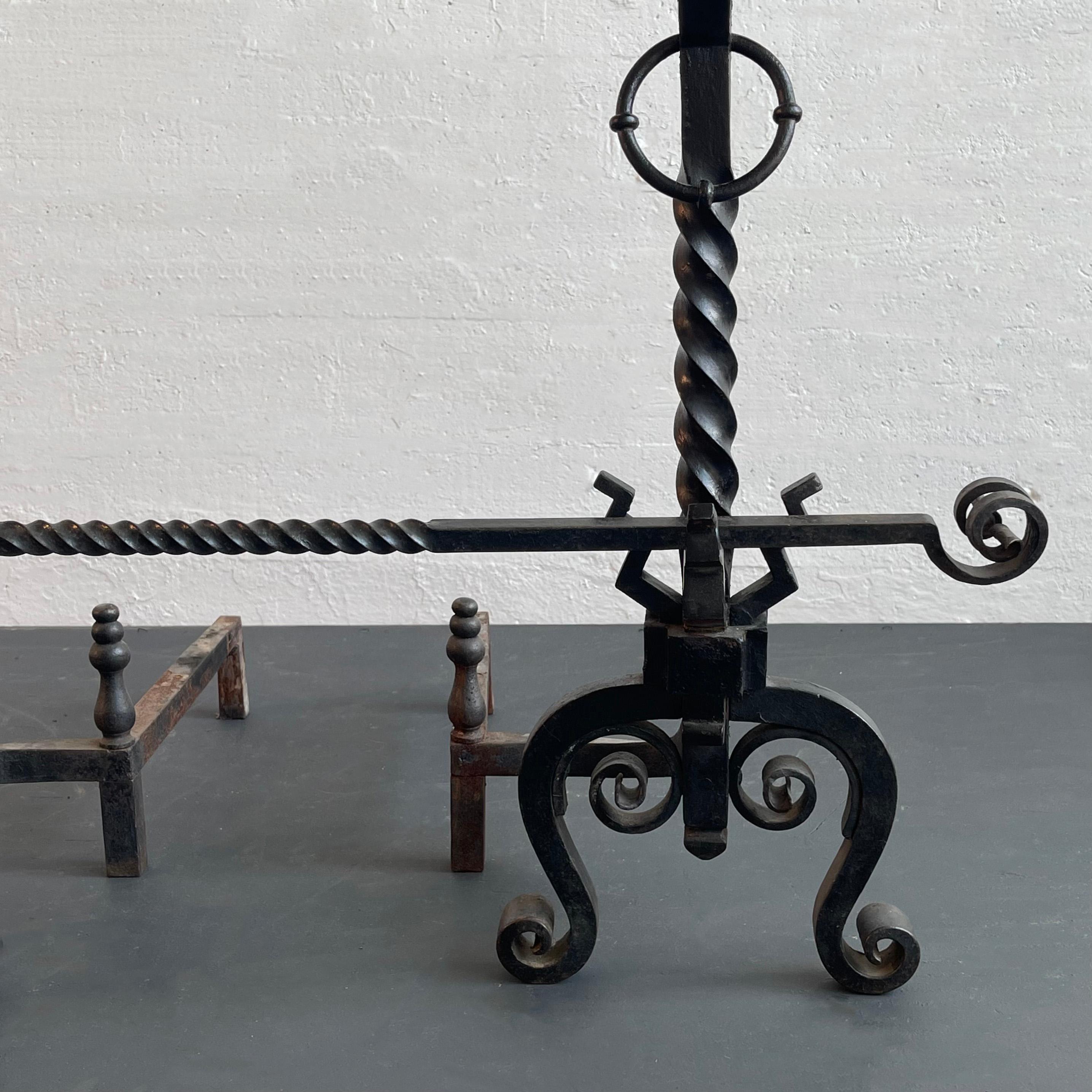 Arts And Crafts Three Piece Wrought Iron Andirons Set For Sale 1