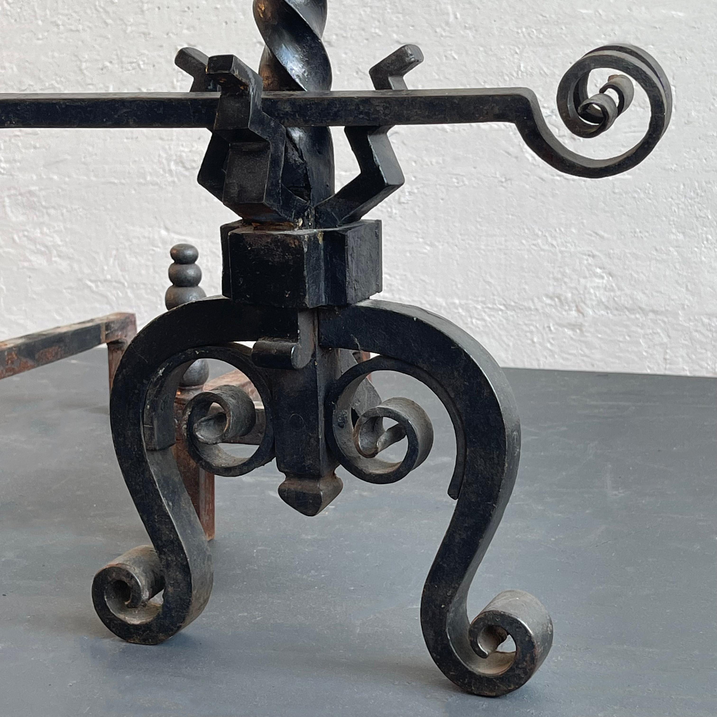 Arts And Crafts Three Piece Wrought Iron Andirons Set For Sale 2