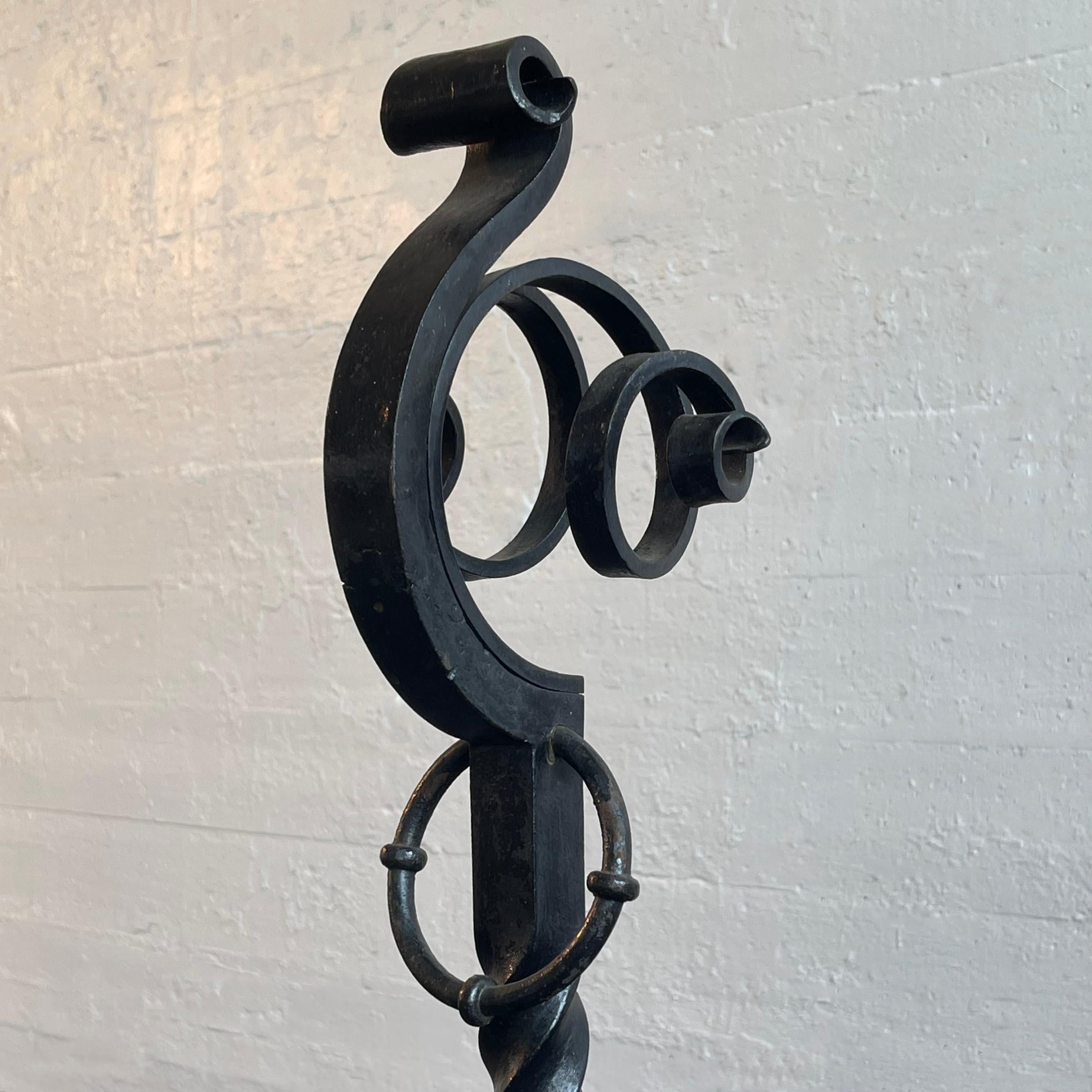 Arts And Crafts Three Piece Wrought Iron Andirons Set For Sale 3