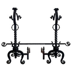Arts And Crafts Three Piece Wrought Iron Andirons Set