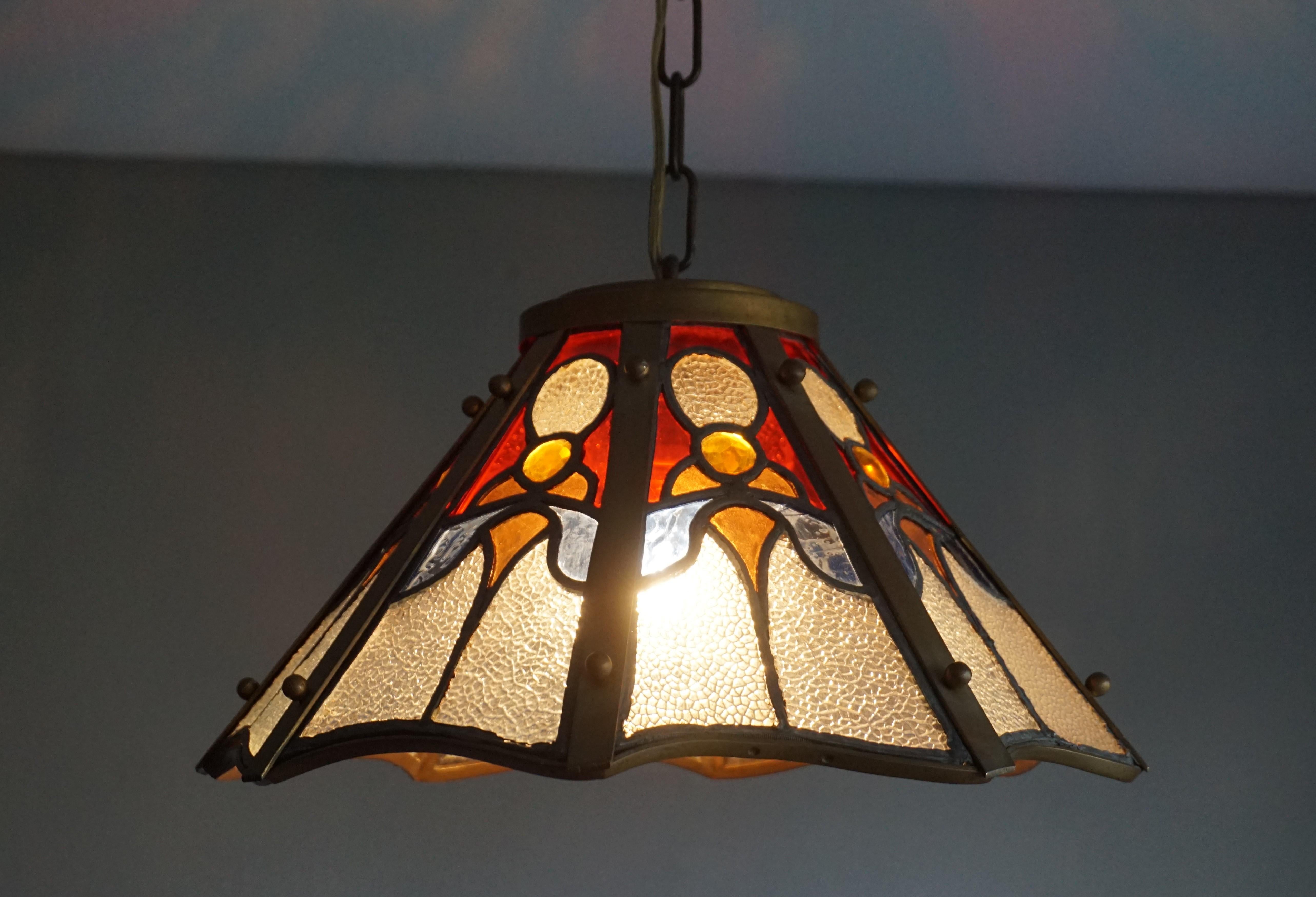 Arts & Crafts Tiffany Style Stain Leaded Glass and Brass Pendant Light Fixture 5