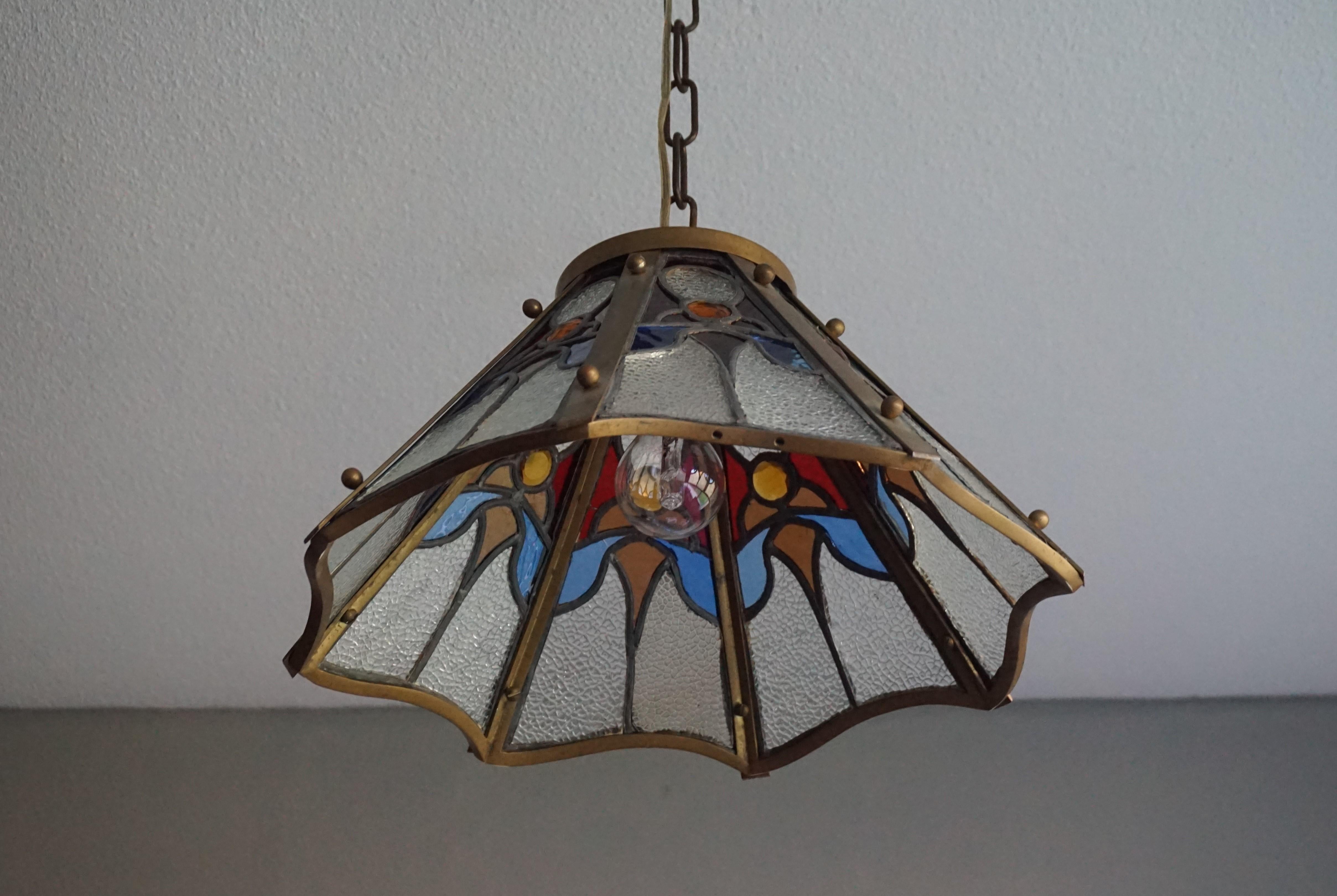 Arts & Crafts Tiffany Style Stain Leaded Glass and Brass Pendant Light Fixture 6