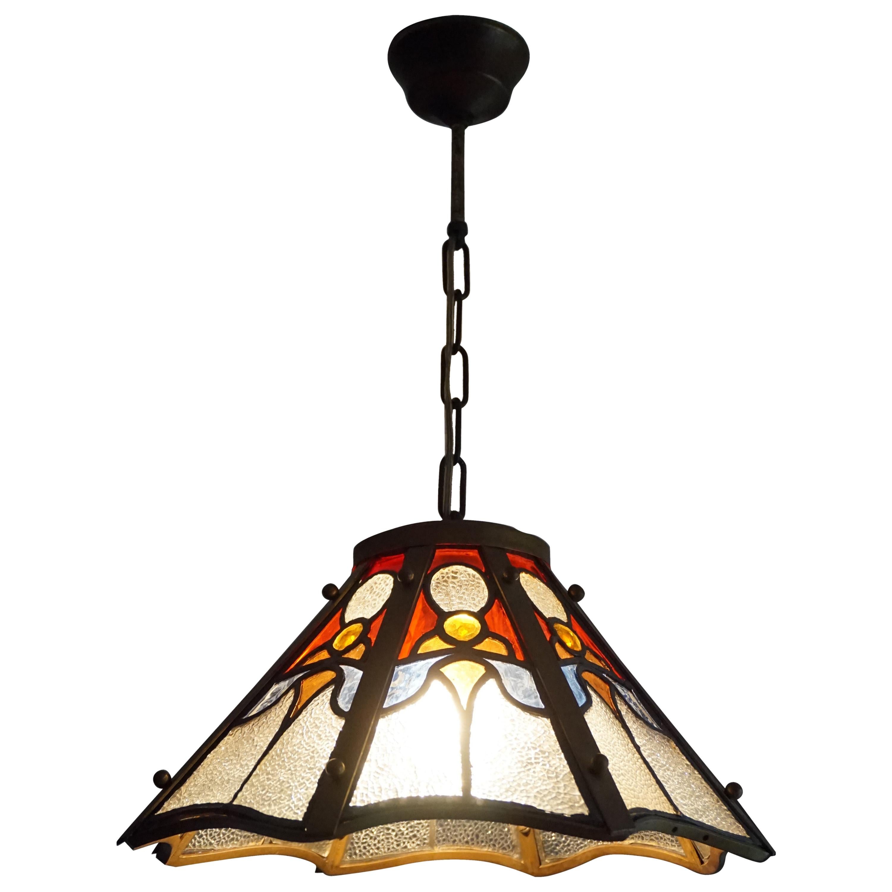 Arts & Crafts Tiffany Style Stain Leaded Glass and Brass Pendant Light Fixture