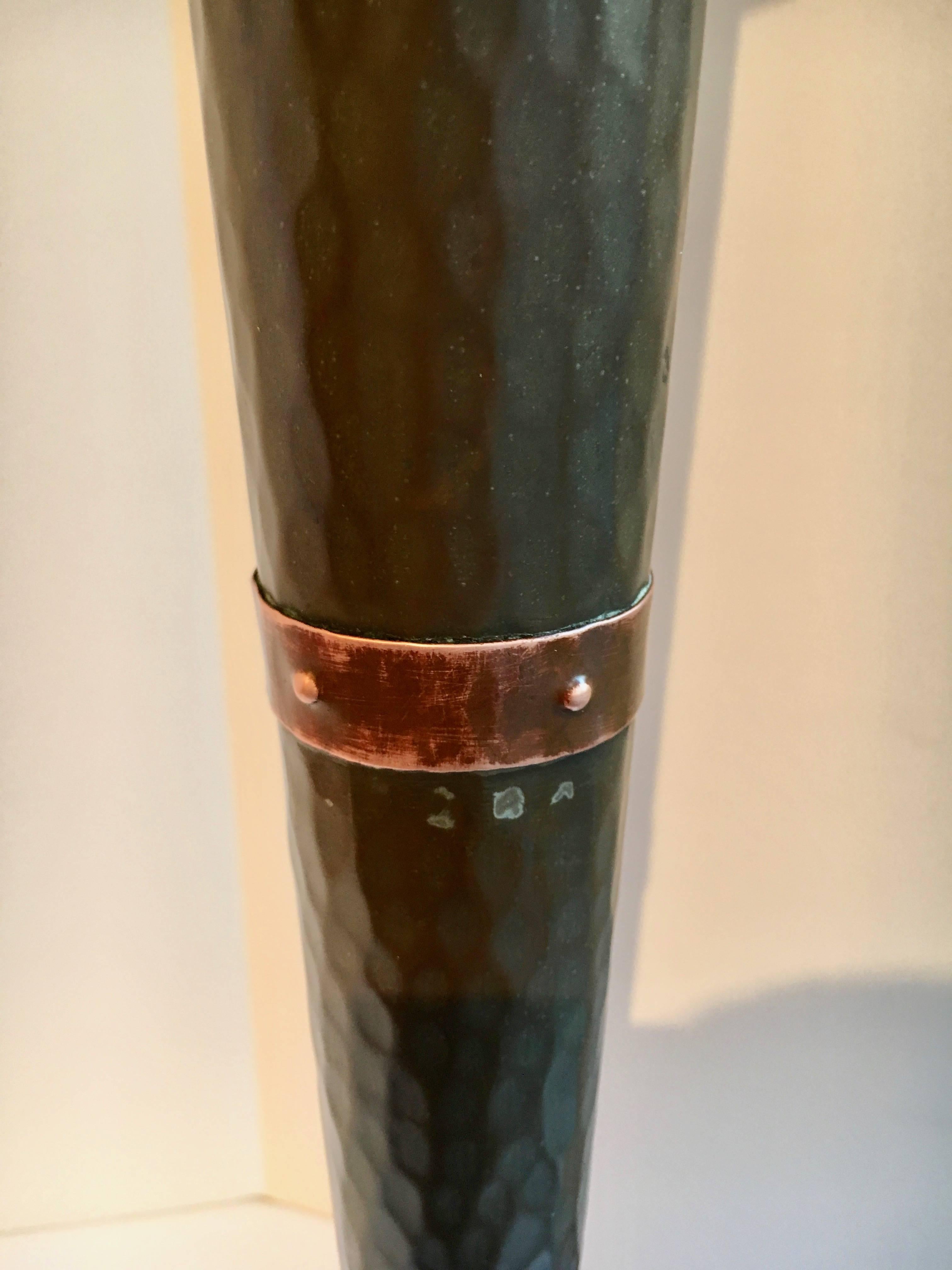 Arts and Crafts Mission Folk Art copper and brass vase -This Trumpet style vase could also be described as Folk Art. Attention to details in this impeccably made piece shows the artisans touch.

The pieces does hold water can be used for fresh