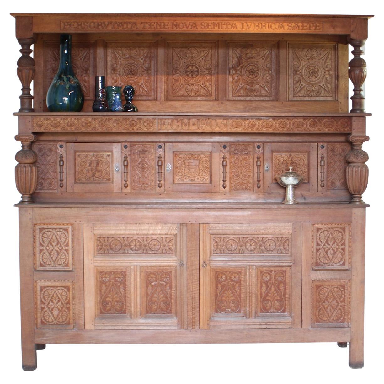 19th Century Arts and Crafts Gothic Carved Oak Court Cupboard For Sale