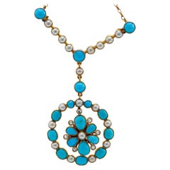 Arts and Crafts Turquoise, Pearl, and Diamond Gold Platinum Necklace