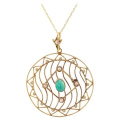 Arts 
Crafts Turquoise Pearl Gold Pendant