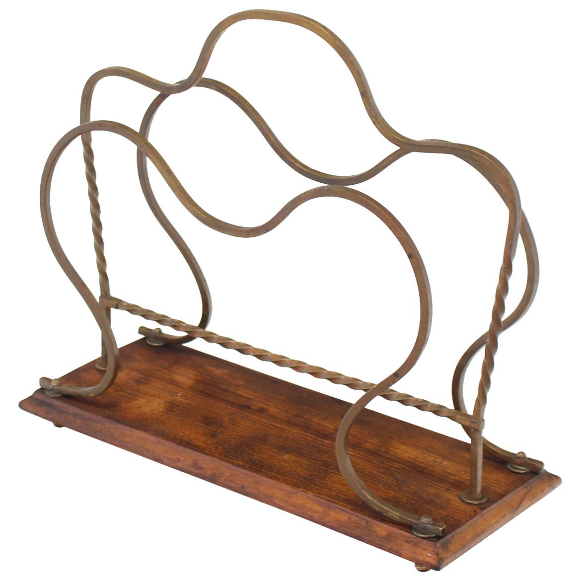 Arts and Crafts Twisted Brass and Wood Magazine Rack For Sale