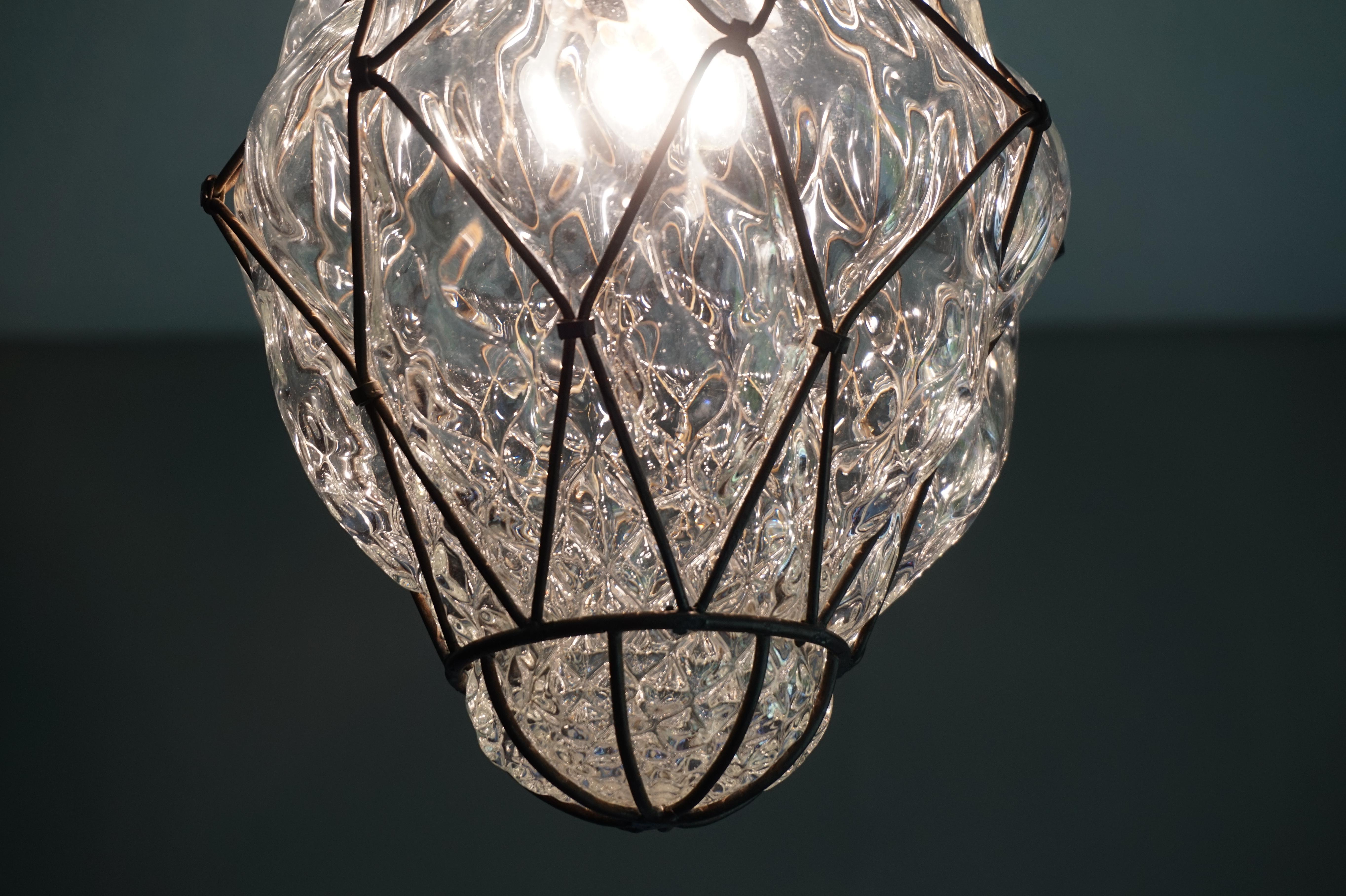 Arts & Crafts Venetian Pendant Light of Mouthblown Glass into an Iron Frame 2