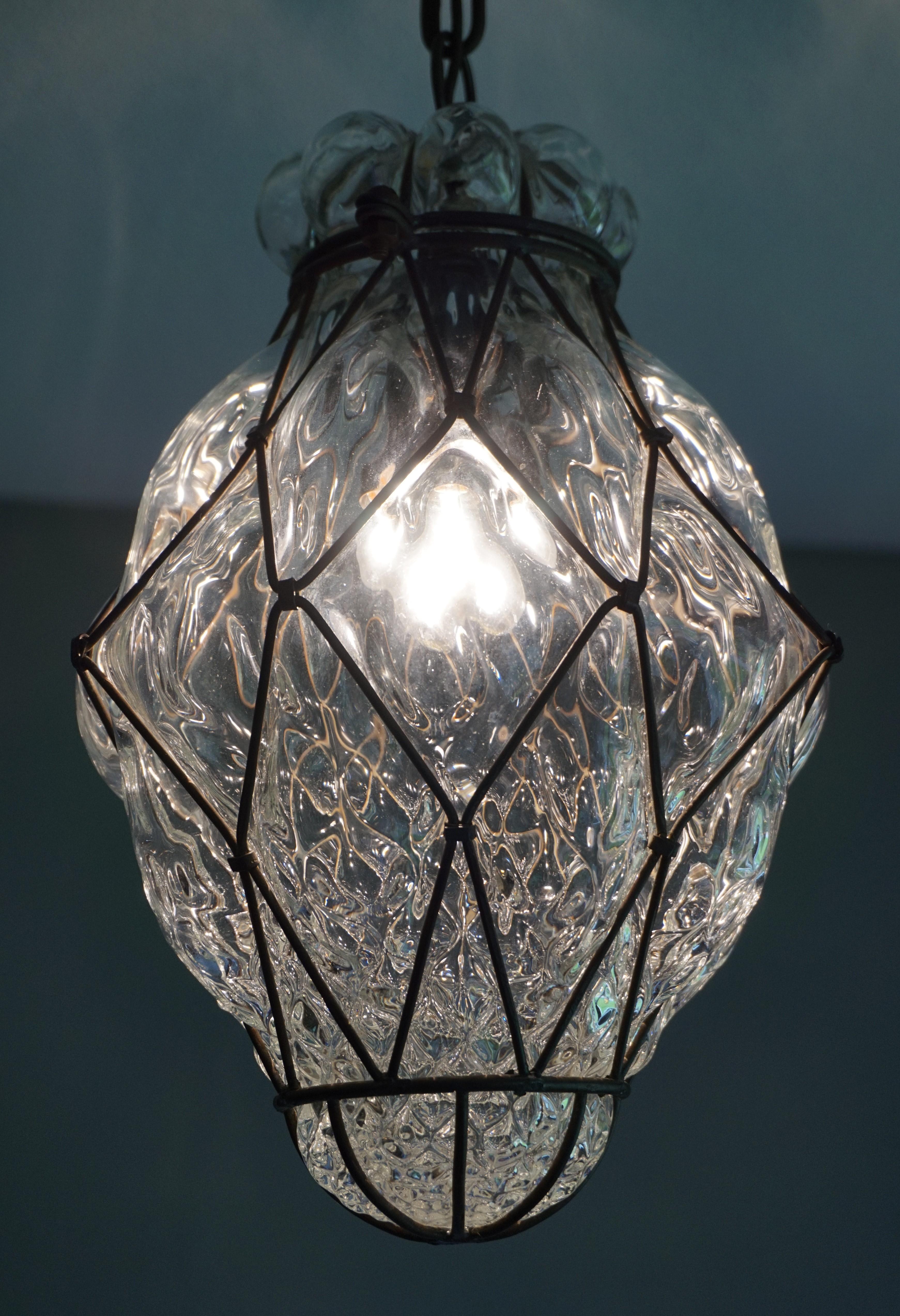 Arts & Crafts Venetian Pendant Light of Mouthblown Glass into an Iron Frame 6