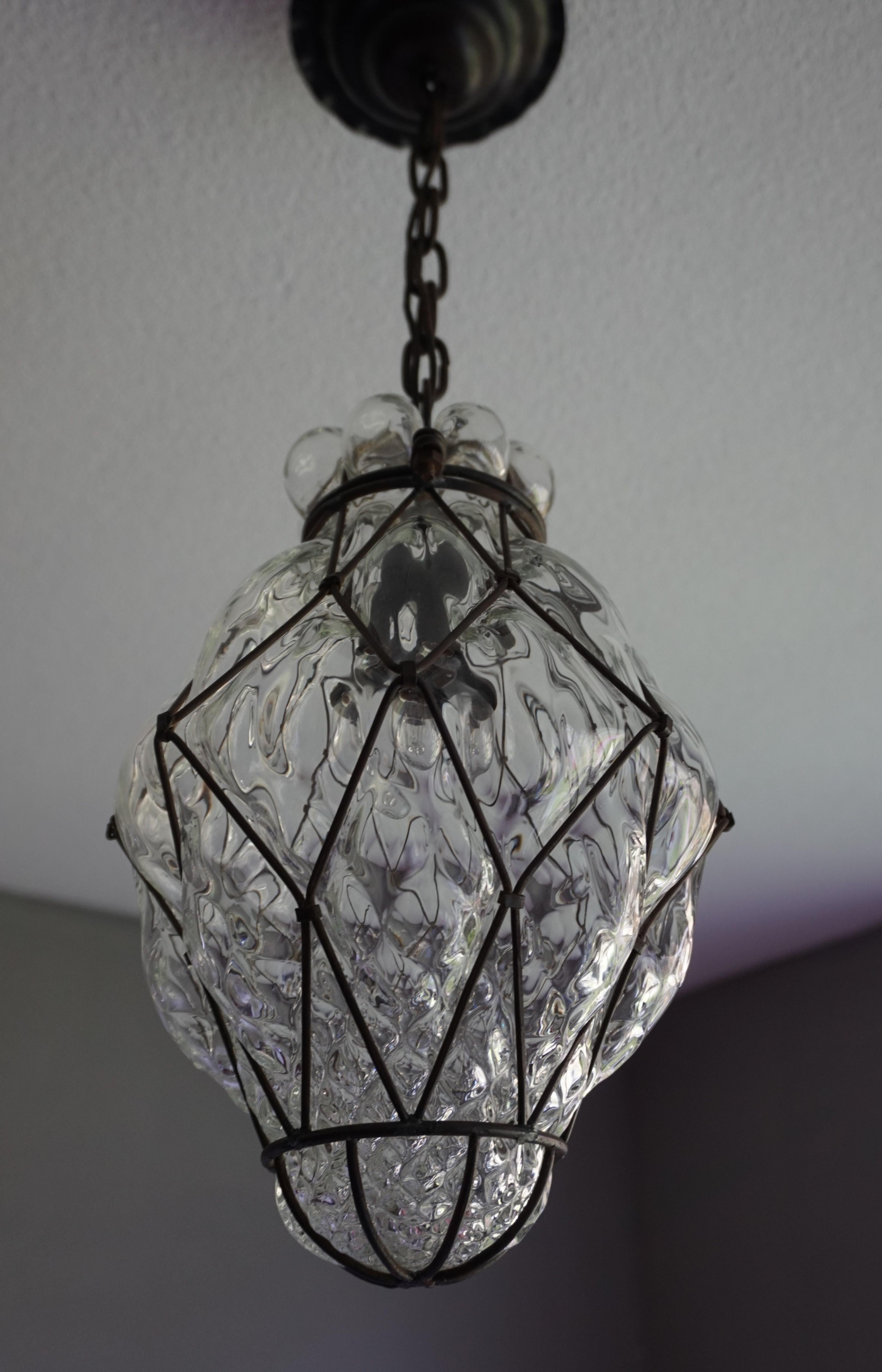 Arts and Crafts Arts & Crafts Venetian Pendant Light of Mouthblown Glass into an Iron Frame