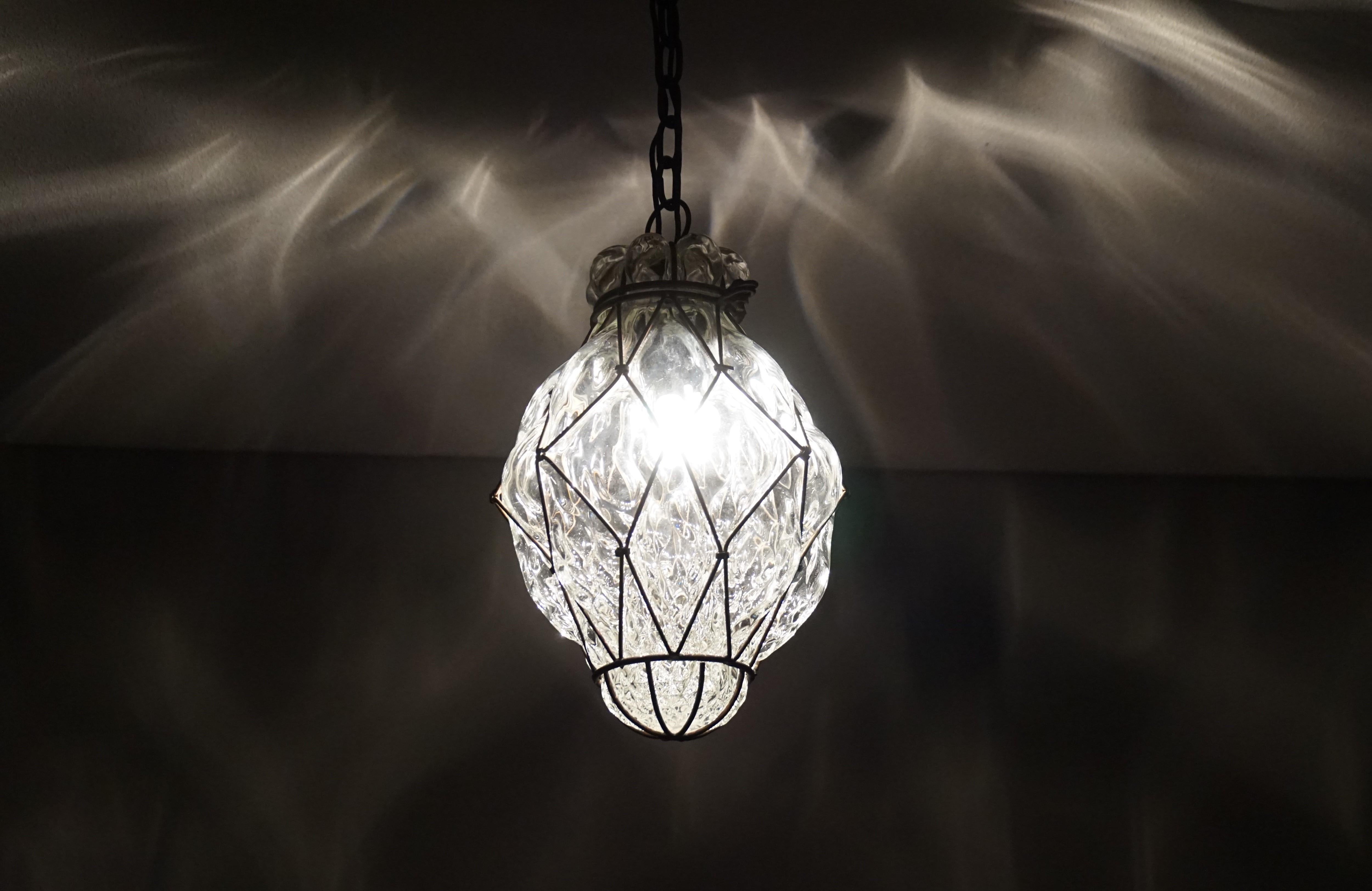 Hand-Crafted Arts & Crafts Venetian Pendant Light of Mouthblown Glass into an Iron Frame