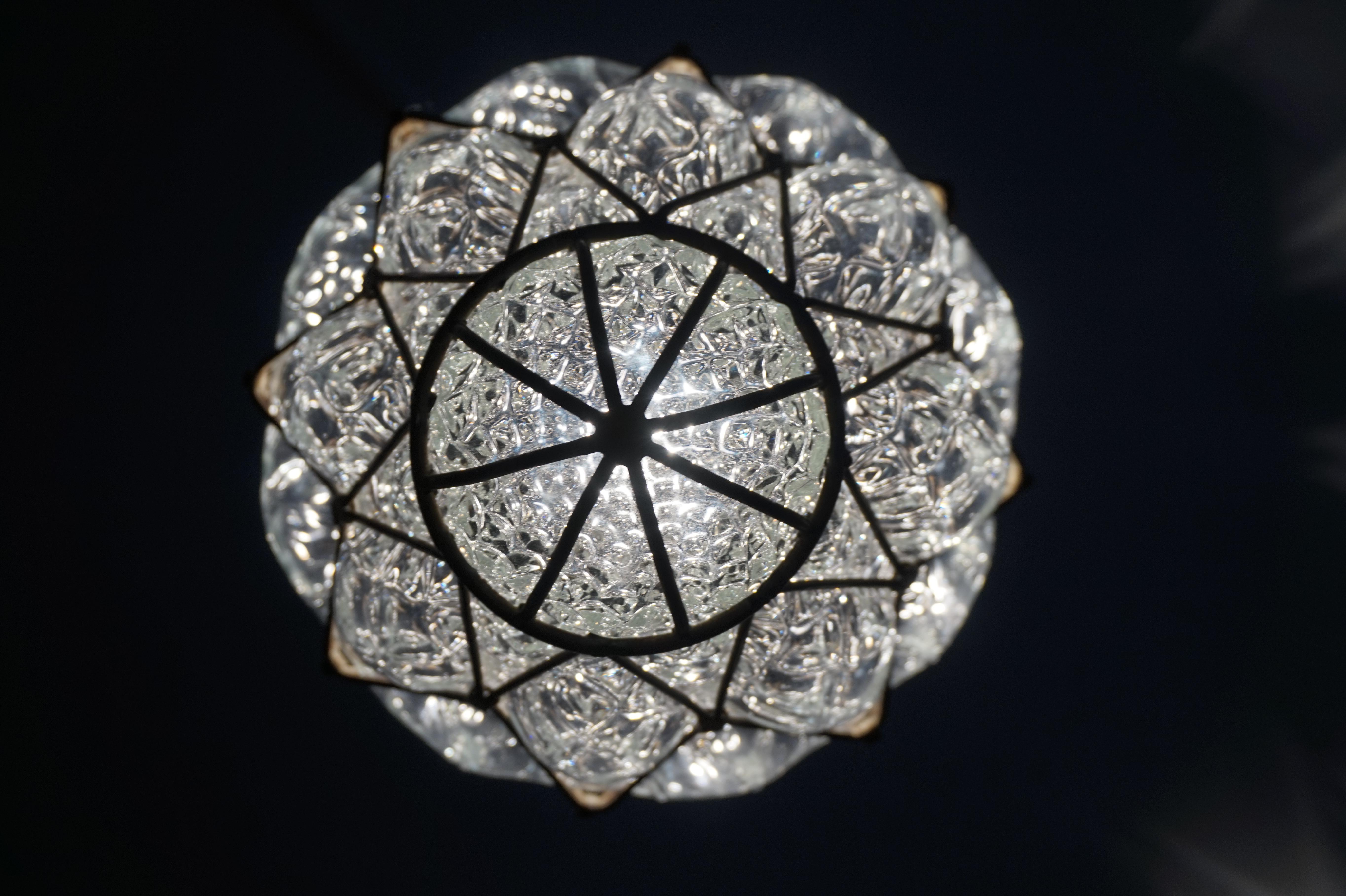 20th Century Arts & Crafts Venetian Pendant Light of Mouthblown Glass into an Iron Frame