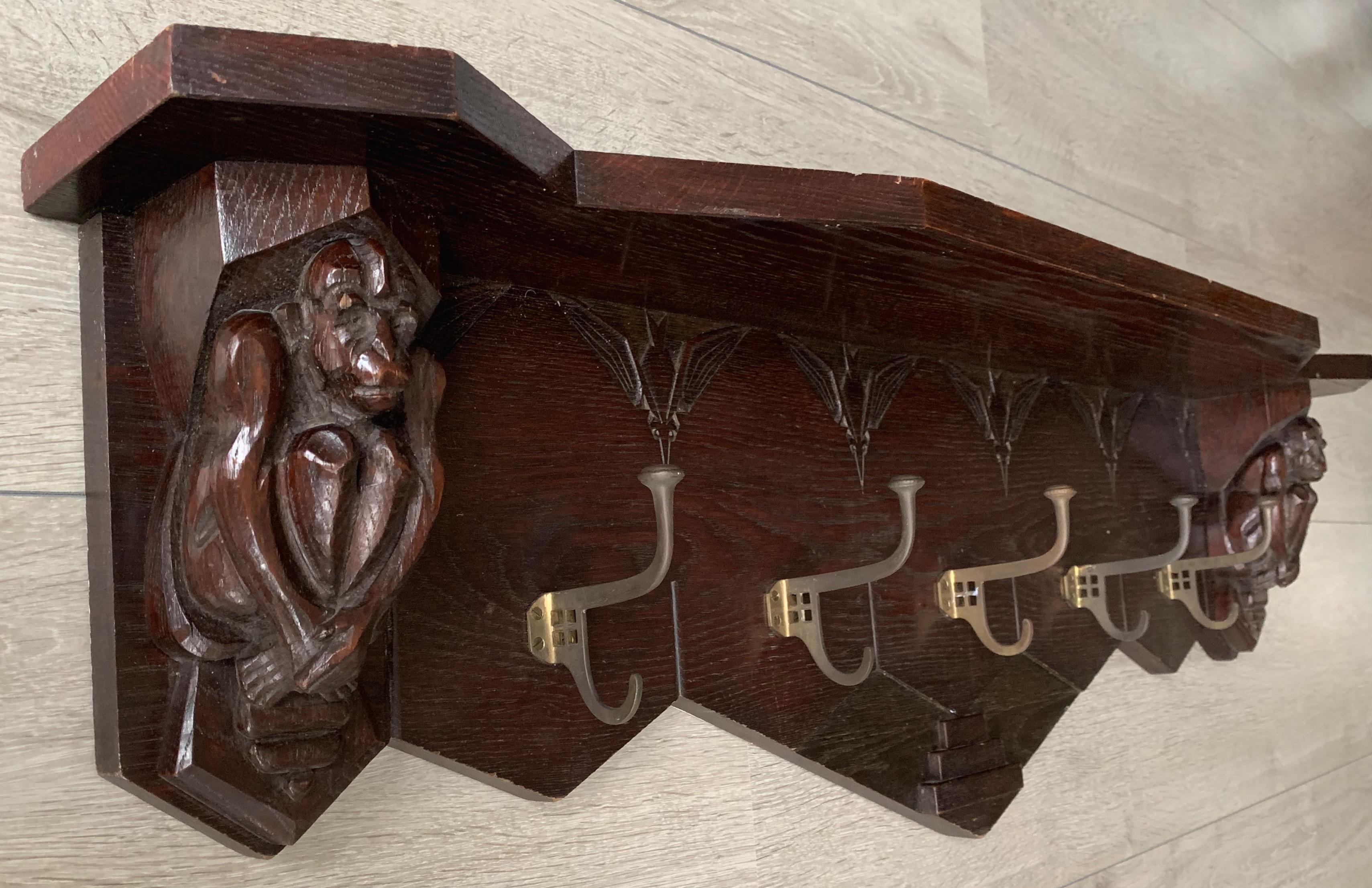 Dutch Arts & Crafts Wall Coat Rack w. Carved Monkey & Stylized Birds Sculptures For Sale 1