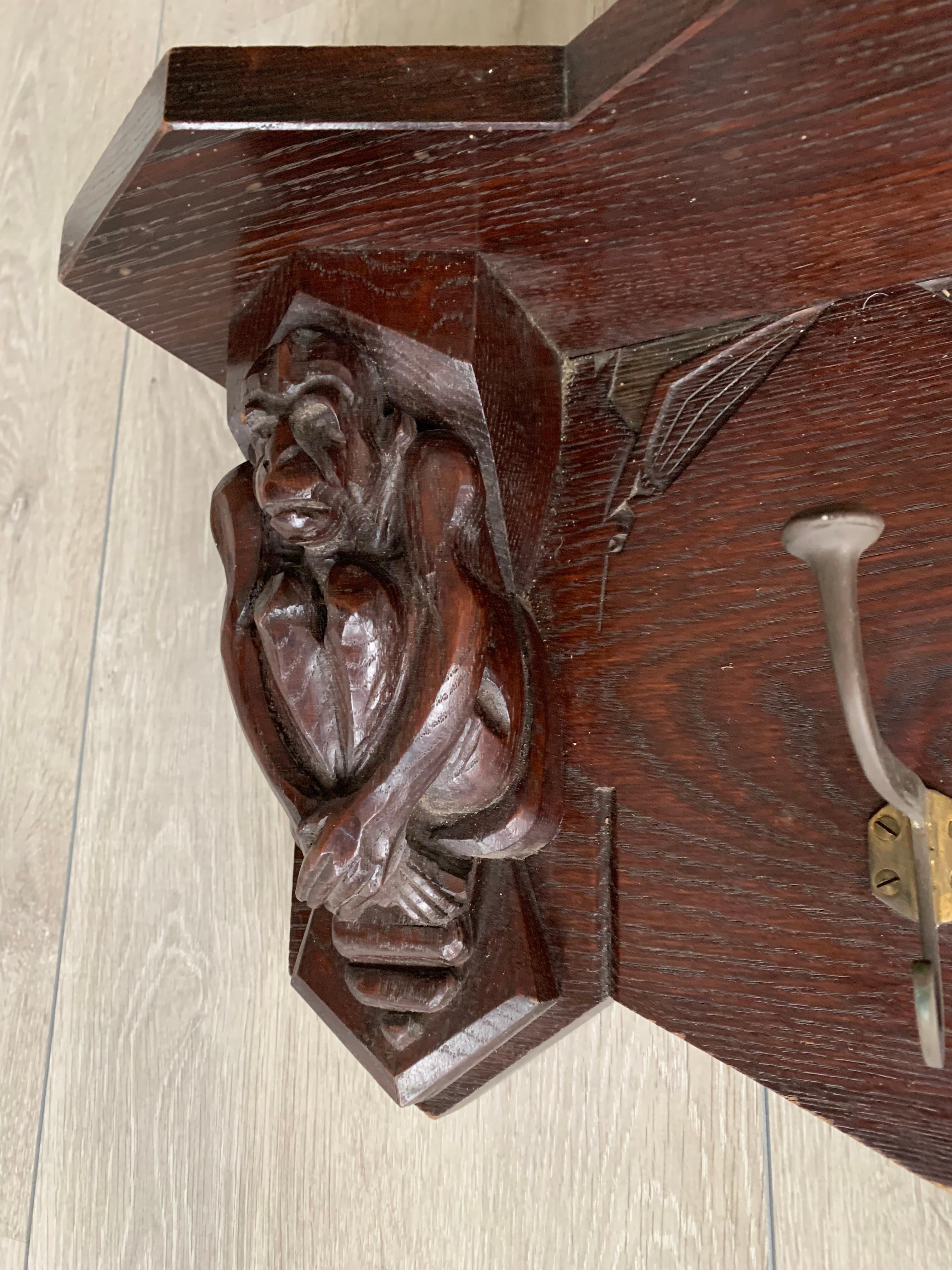 Dutch Arts & Crafts Wall Coat Rack w. Carved Monkey & Stylized Birds Sculptures For Sale 3
