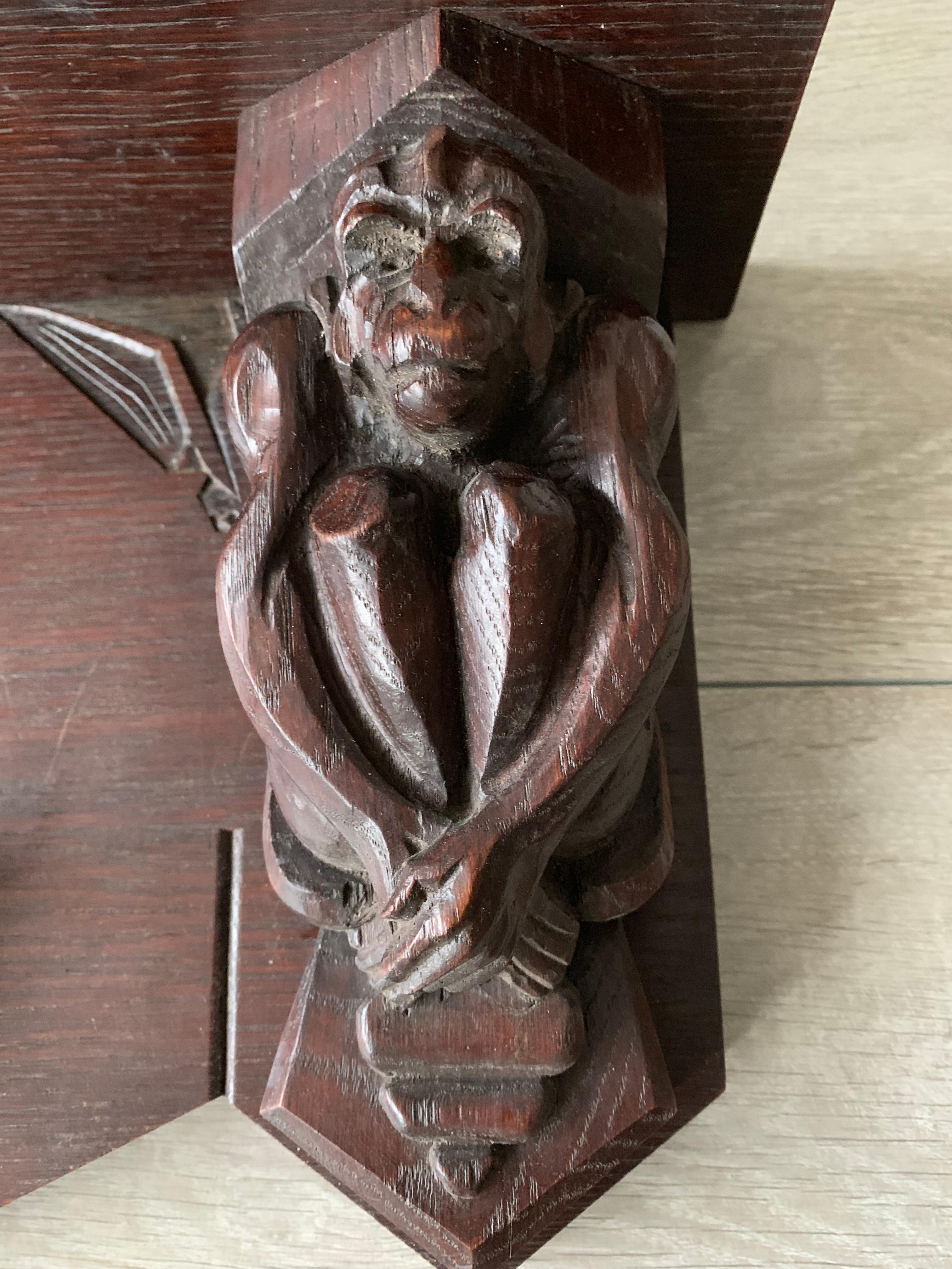 Dutch Arts & Crafts Wall Coat Rack w. Carved Monkey & Stylized Birds Sculptures For Sale 8