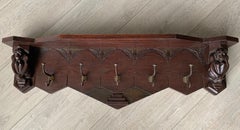 Dutch Arts & Crafts Wall Coat Rack w. Carved Monkey & Stylized Birds Sculptures