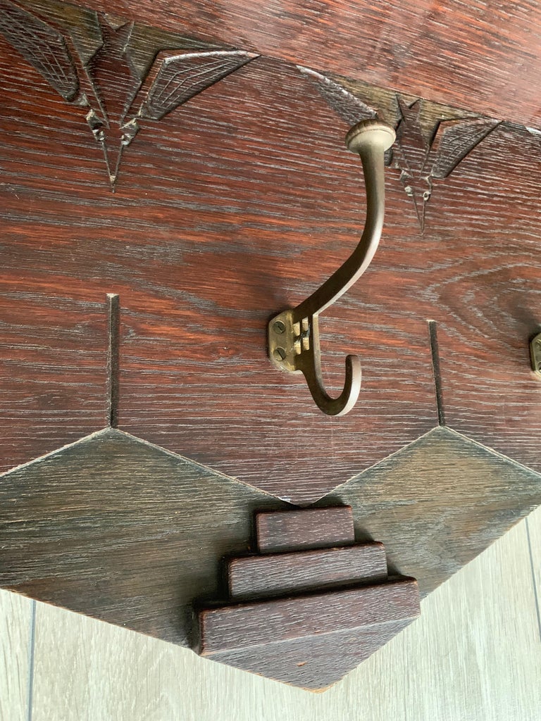 Arts and Crafts Wall Coat Rack with Hand Carved Monkey and Stylized