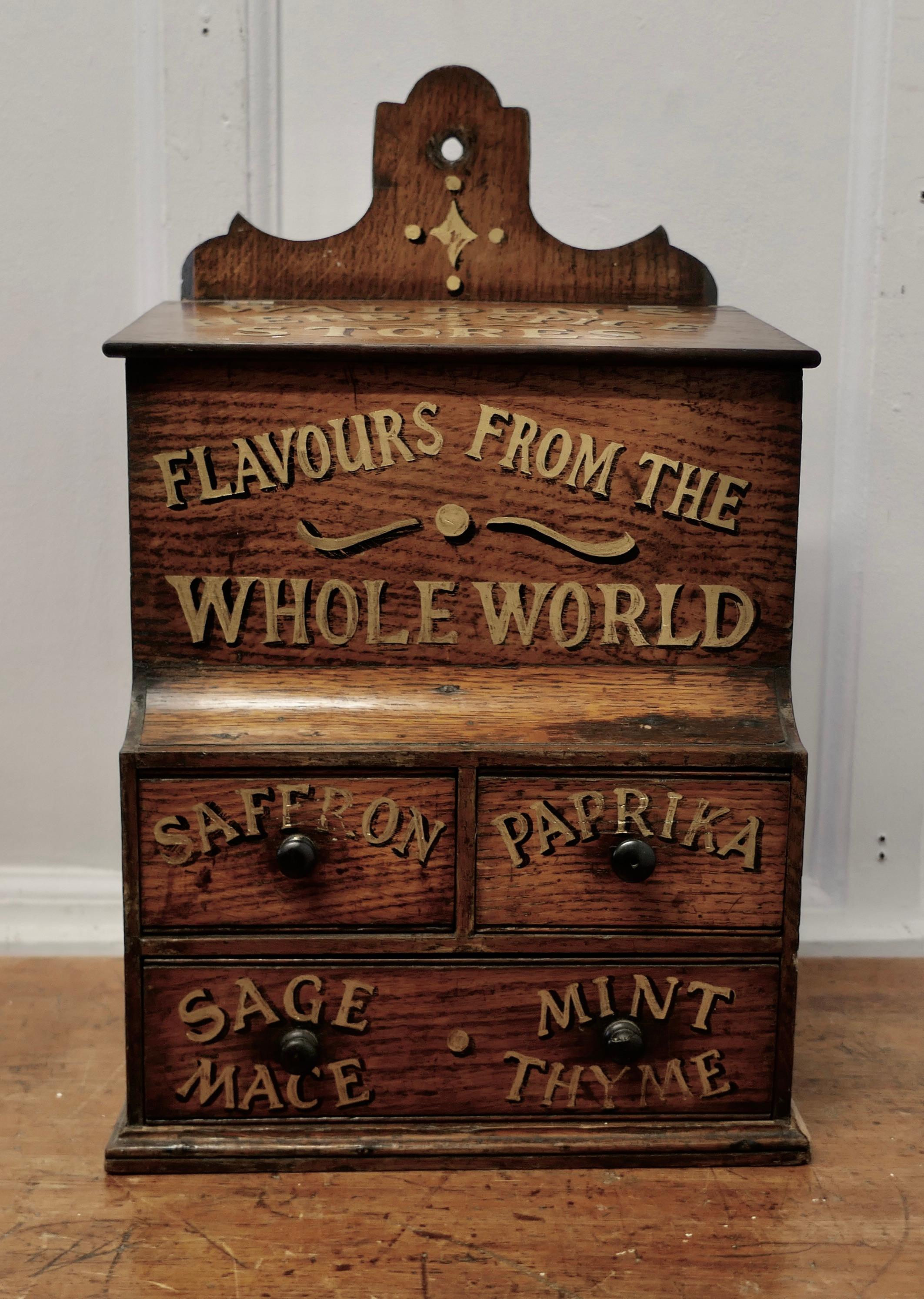 Arts and Crafts Wall Hanging Salt Box with Spice Drawers

A lovely piece in Golden Oak it is a wall hung piece with a large salt box at the top with 3 labeled Herb and Spice drawers below
A superb and useful Spice Cabinet for your kitchen
The