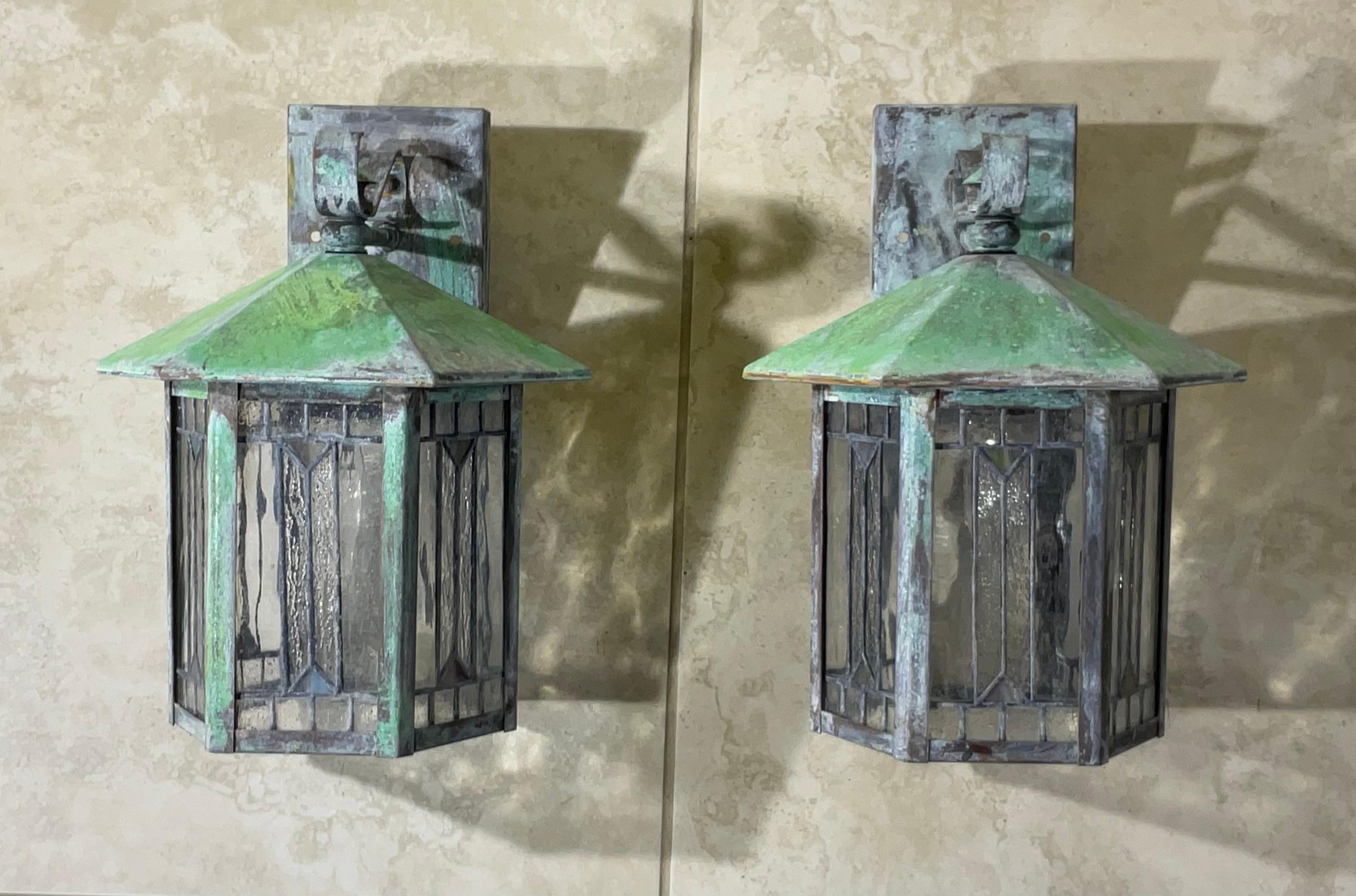 Hand-Crafted Arts and Crafts wall lantern /Sconces with Art Glass Shade For Sale