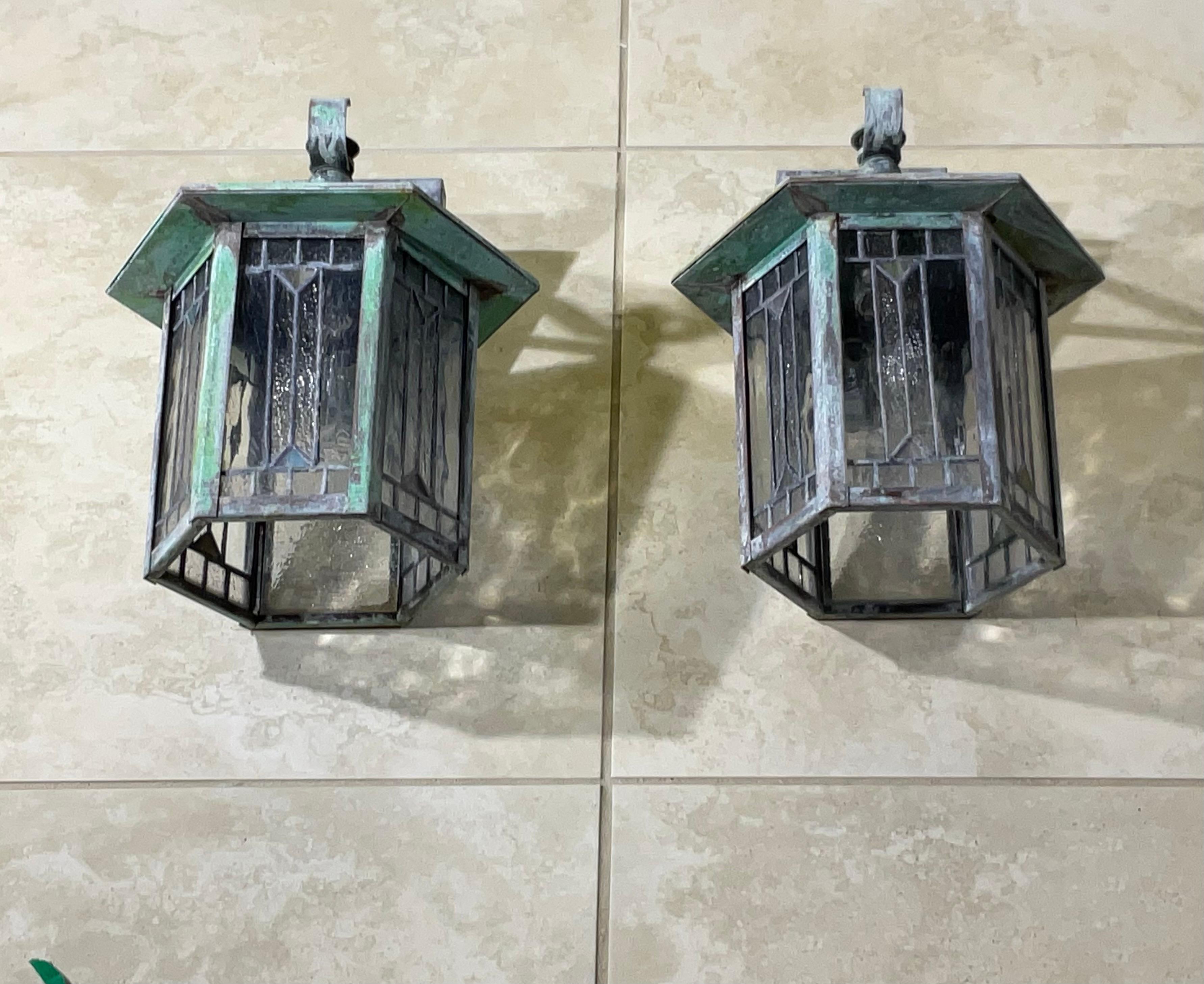 20th Century Arts and Crafts wall lantern /Sconces with Art Glass Shade For Sale