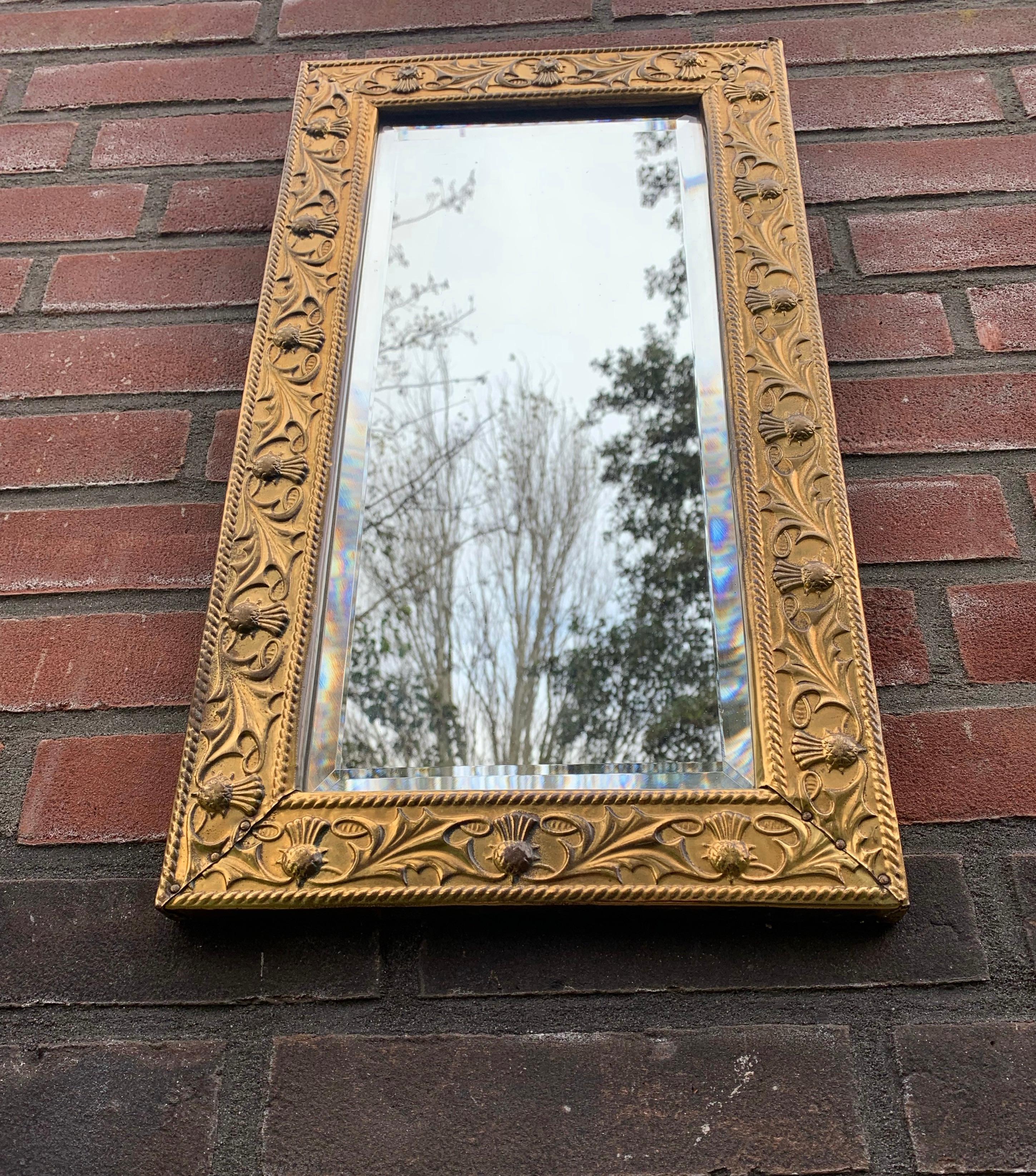 Arts & Crafts Wall Mirror with Stylized and Embossed Brass Thistle Flowers Frame 3