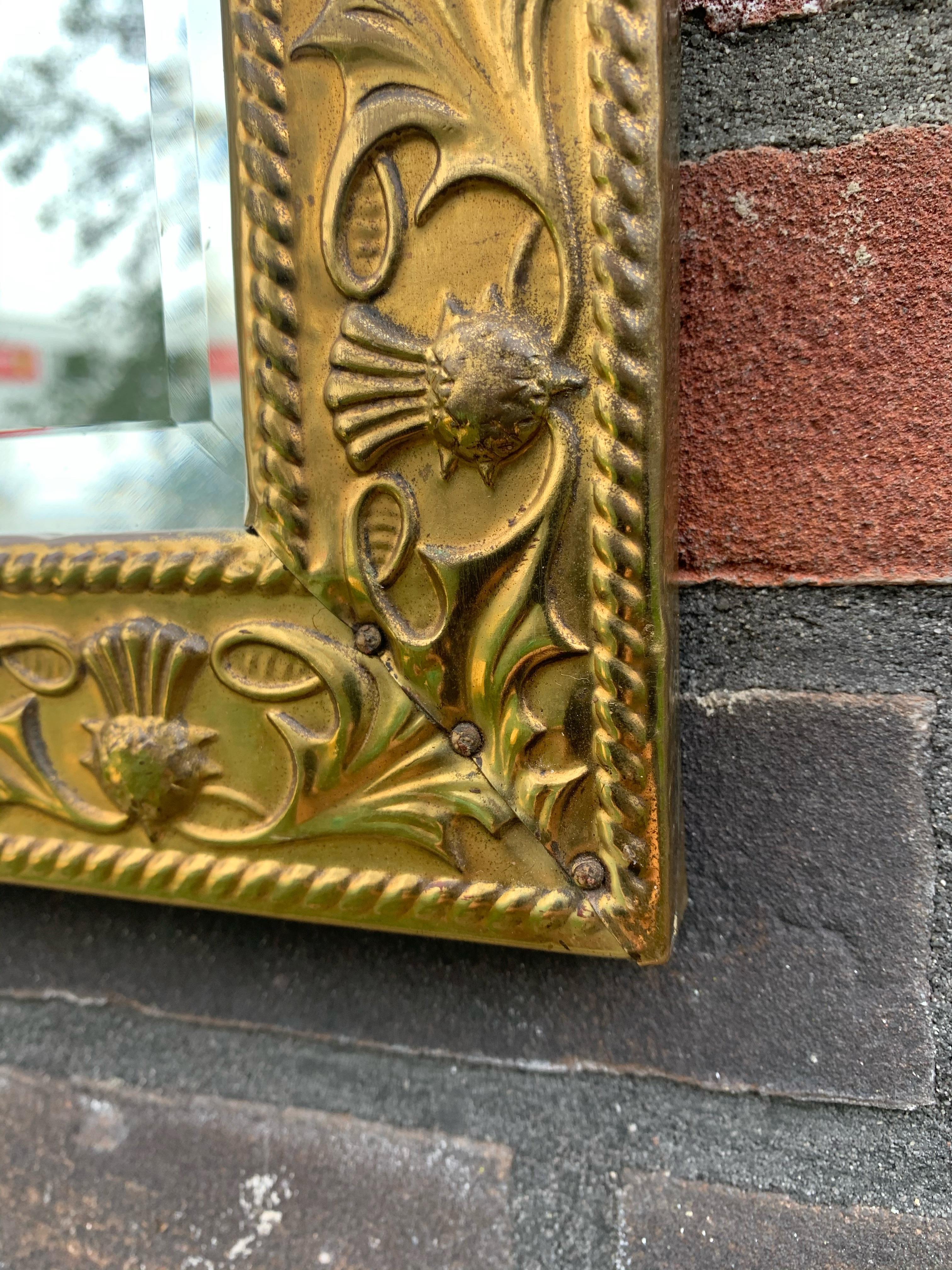 Arts & Crafts Wall Mirror with Stylized and Embossed Brass Thistle Flowers Frame 4