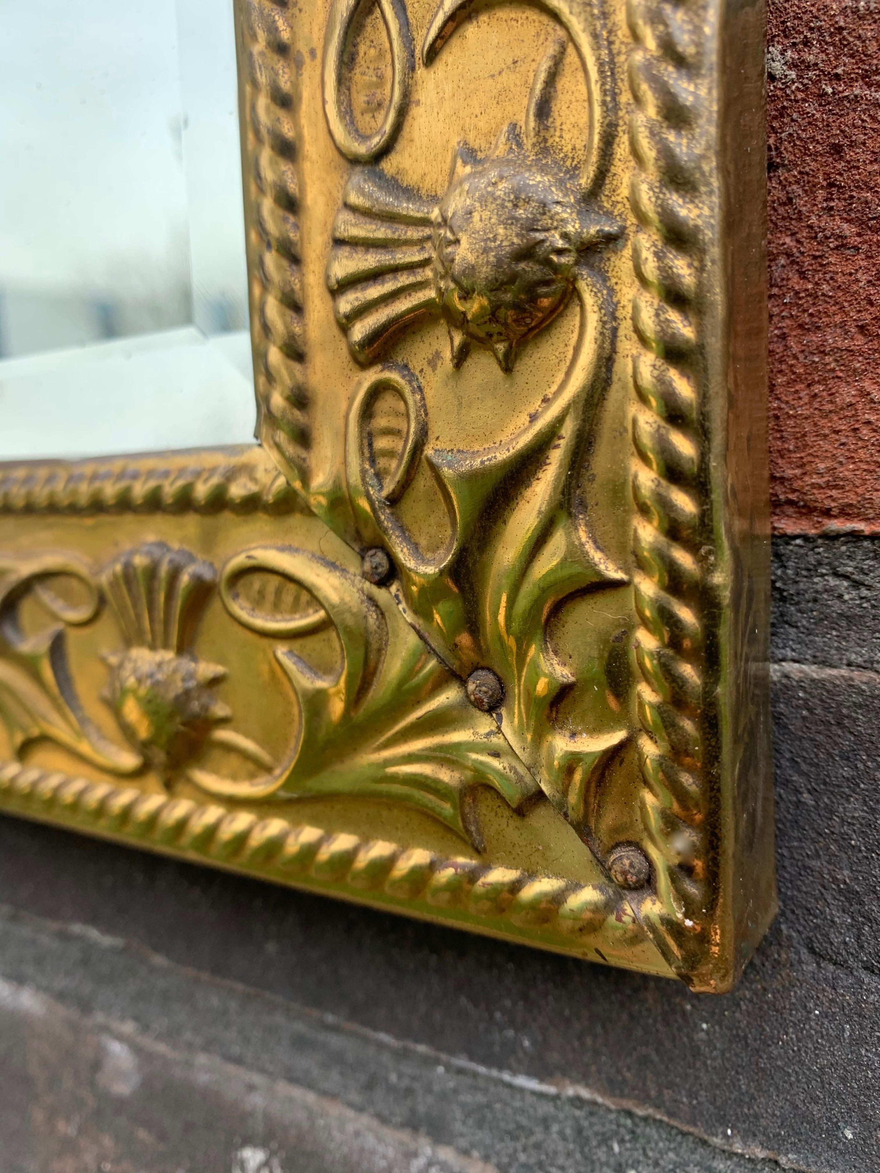 Arts & Crafts Wall Mirror with Stylized and Embossed Brass Thistle Flowers Frame 5