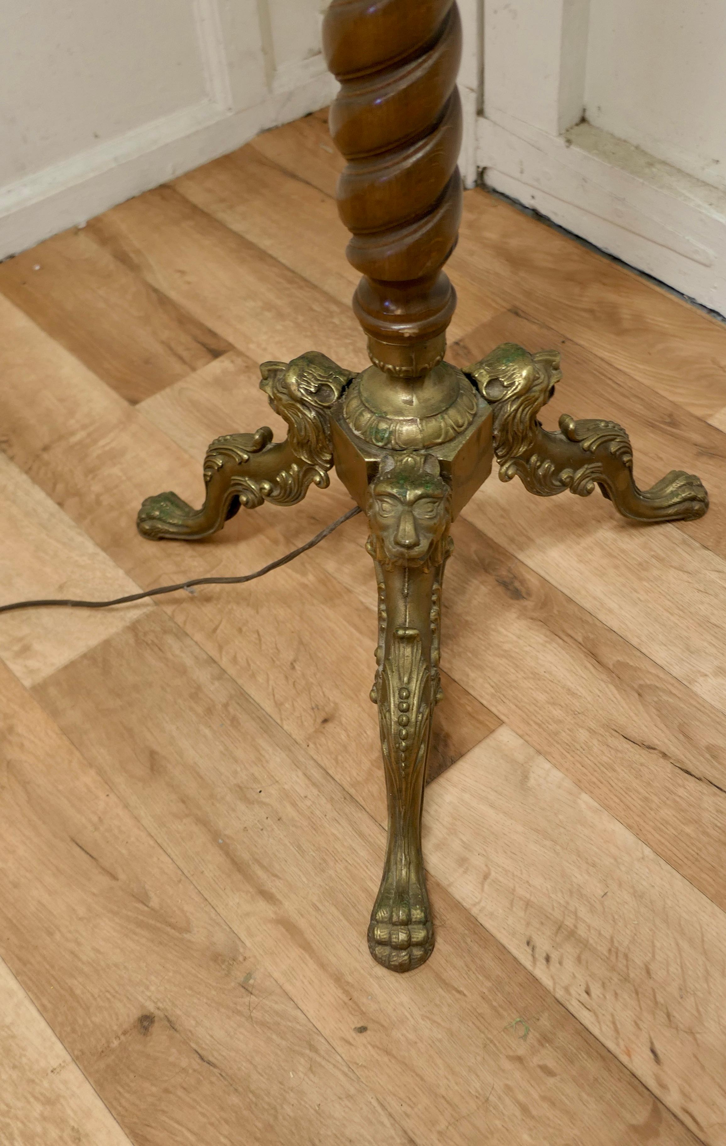 Arts and Crafts Walnut Barley Twist and Brass Floor Standing Lamp 1
