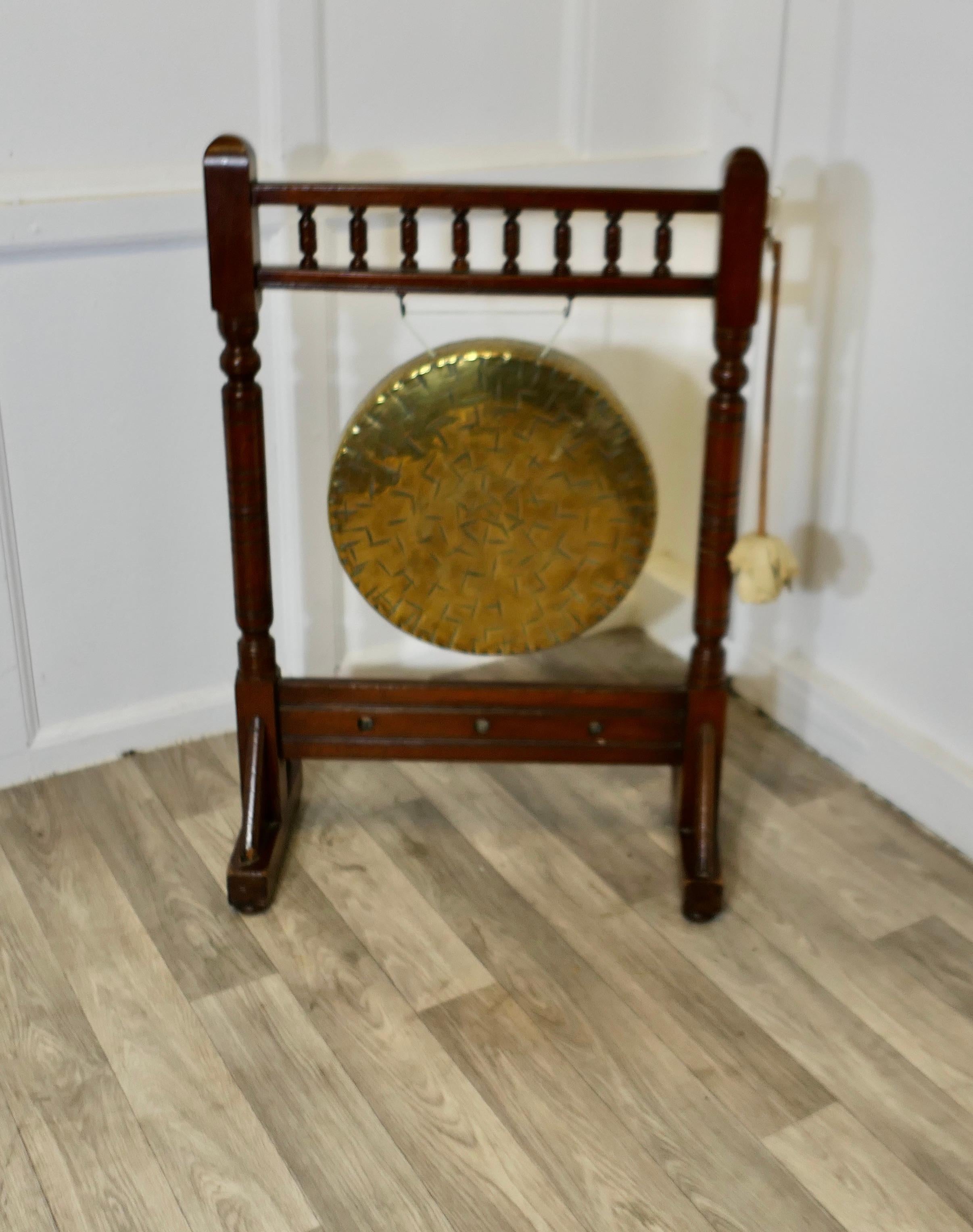Arts and Crafts Walnut Dinner Gong   This is a large hall piece the Brass Gong For Sale 1