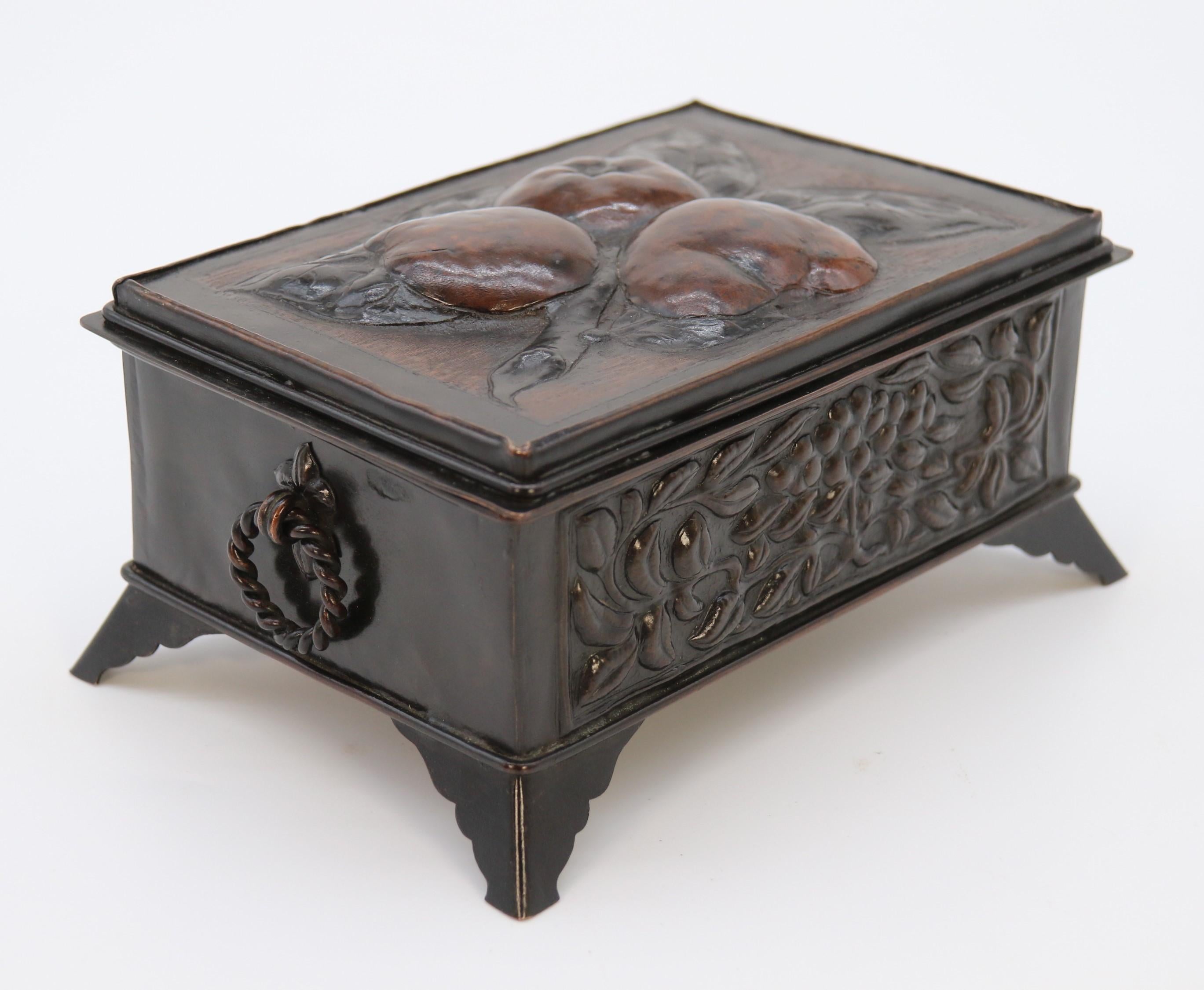British Arts and Crafts William Morris style copper repousse hand decorated box C 1900 For Sale