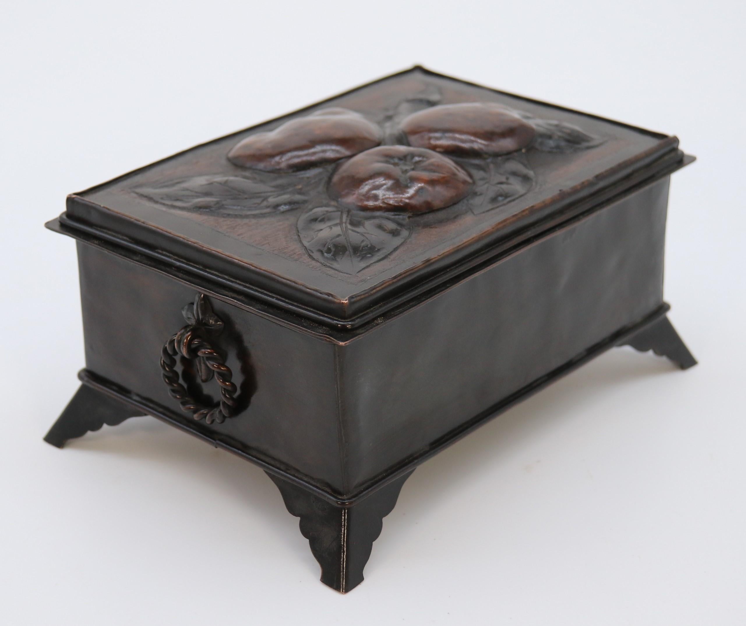 Copper Arts and Crafts William Morris style copper repousse hand decorated box C 1900 For Sale