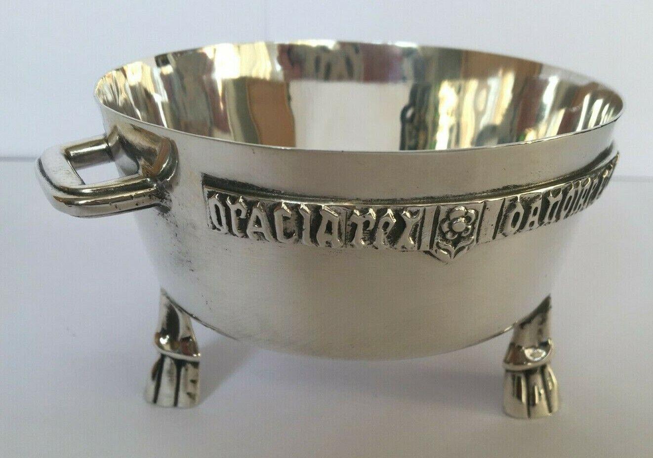 Arts and Crafts Sterling Silver Winchester Bushel Bowl

Additional Information:
Hallmarked: Made by P Ltd in Birmingham in 1968.
Silver weight: 198g
Size: 10.3cm diameter. 12.6cm wide, including the handles. 6.2cm tall.
SMS3346
