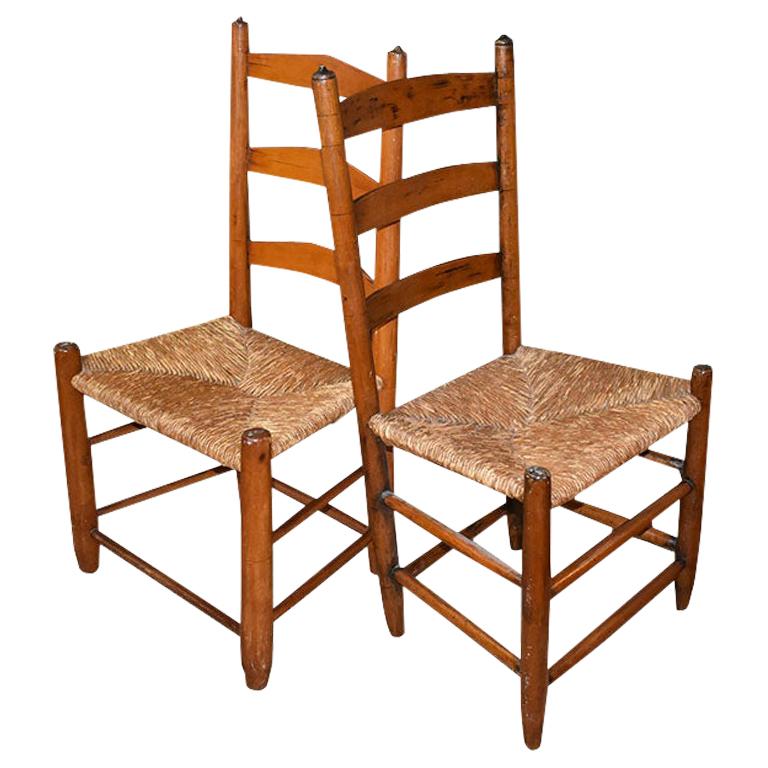 Arts & Crafts Wood Ladder Chairs with Woven Seats, a Pair