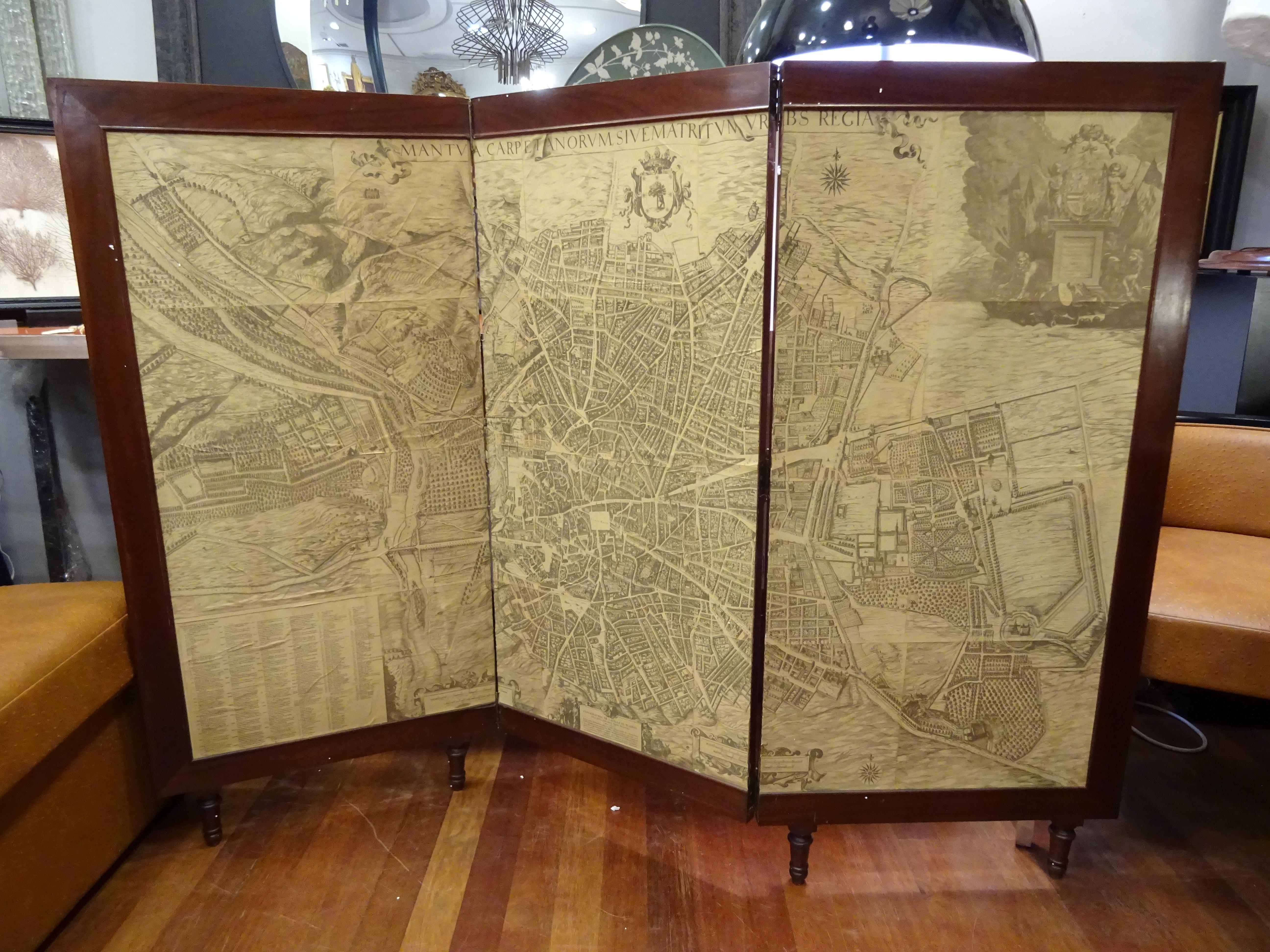 Arts & Crafts Wooden Screen with Madrid Map Engraving 6