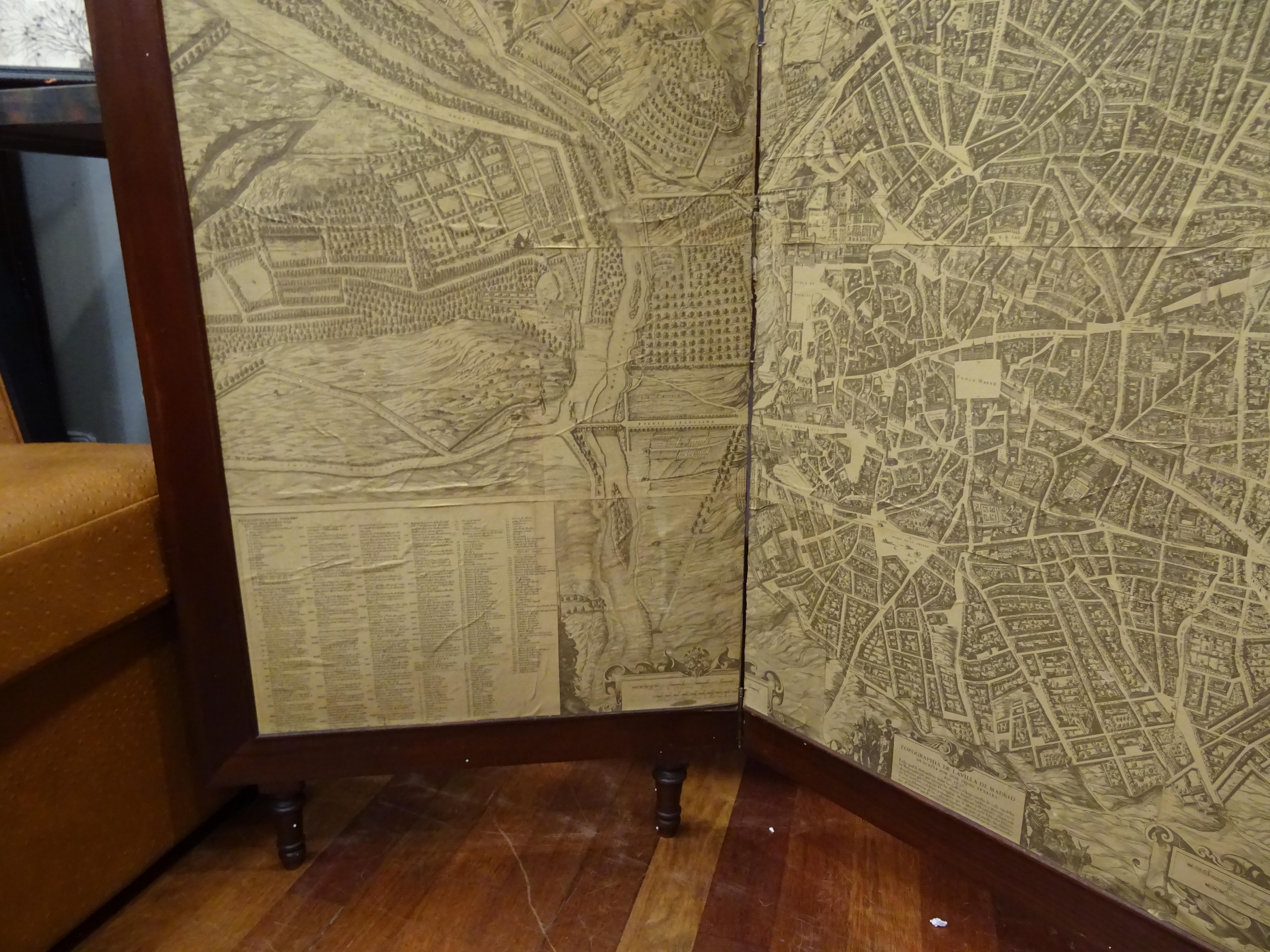 20th Century Arts & Crafts Wooden Screen with Madrid Map Engraving