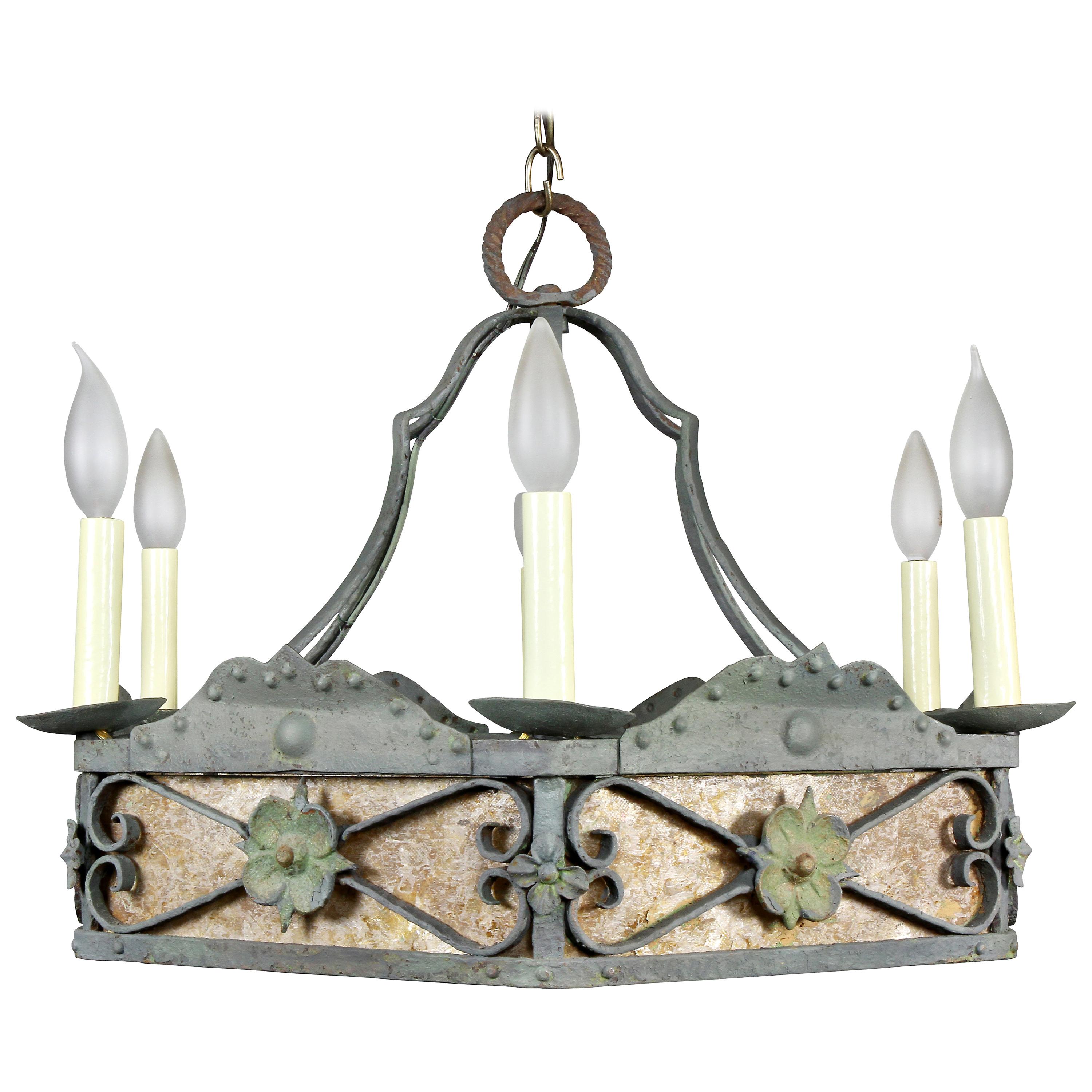Arts & Crafts Wrought Iron and Mica Chandelier
