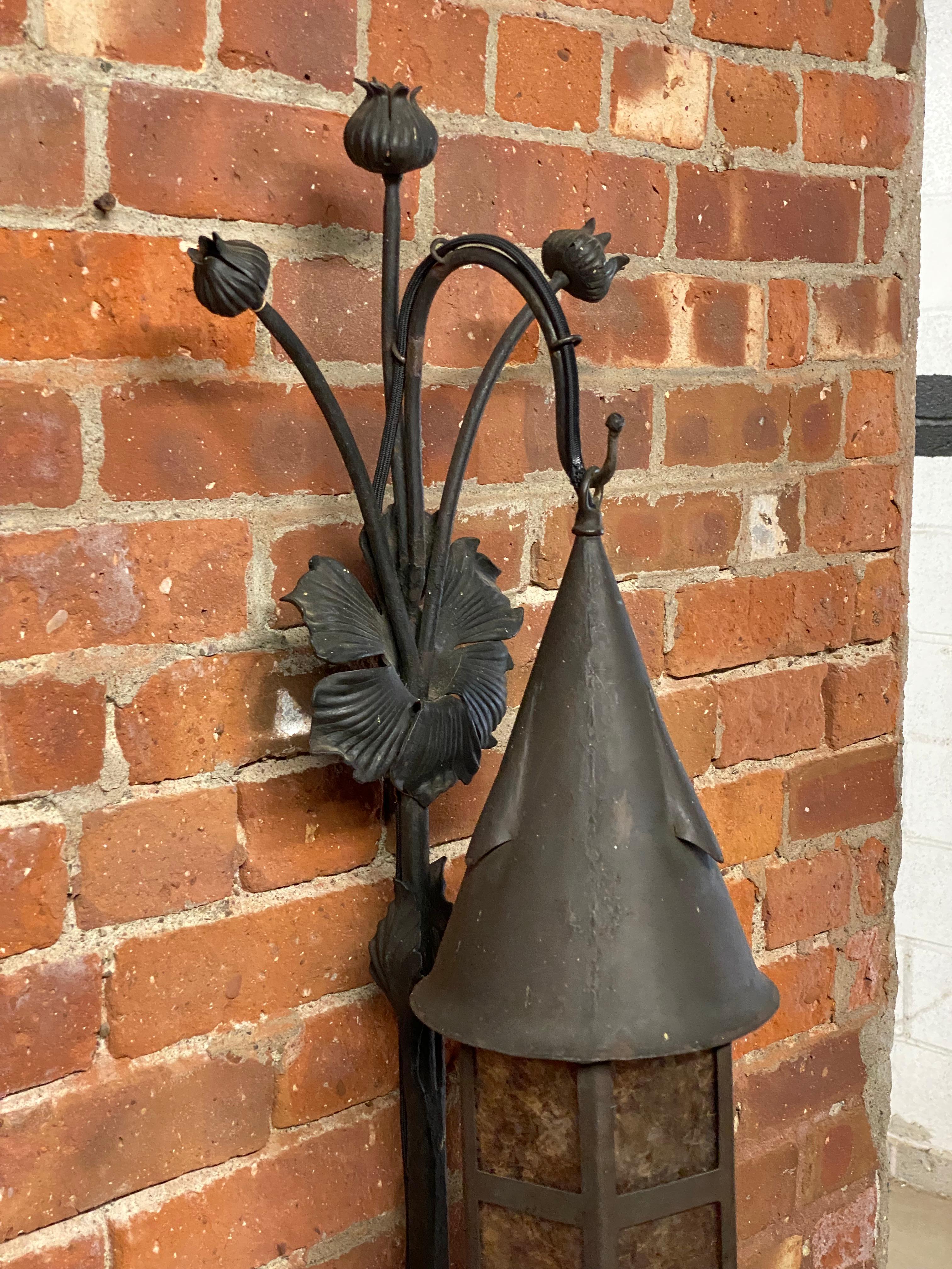 Arts & Crafts Wrought Iron and Mica Scroll and Poppy Floor Lamp 4
