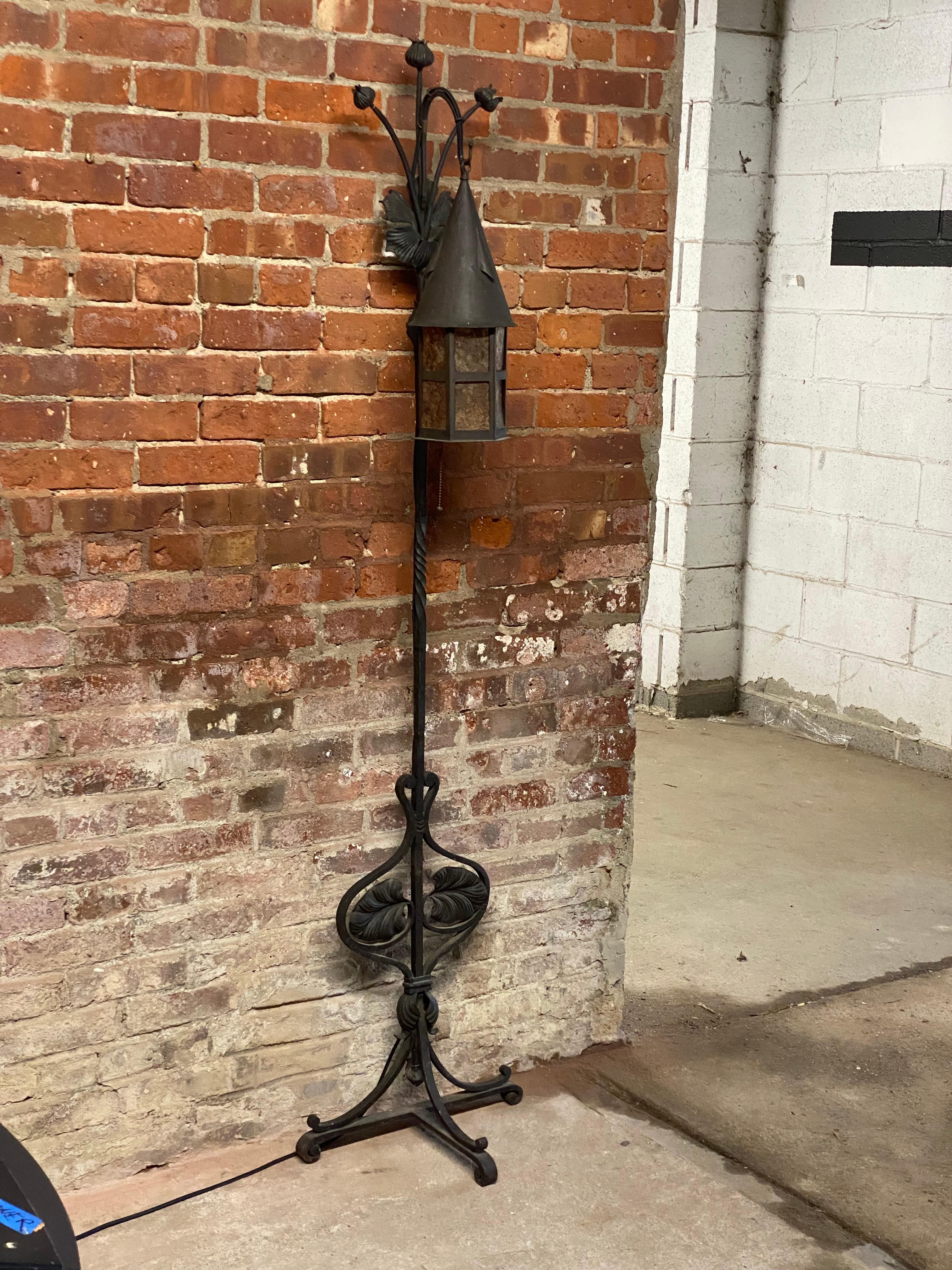 Arts and Crafts Arts & Crafts Wrought Iron and Mica Scroll and Poppy Floor Lamp