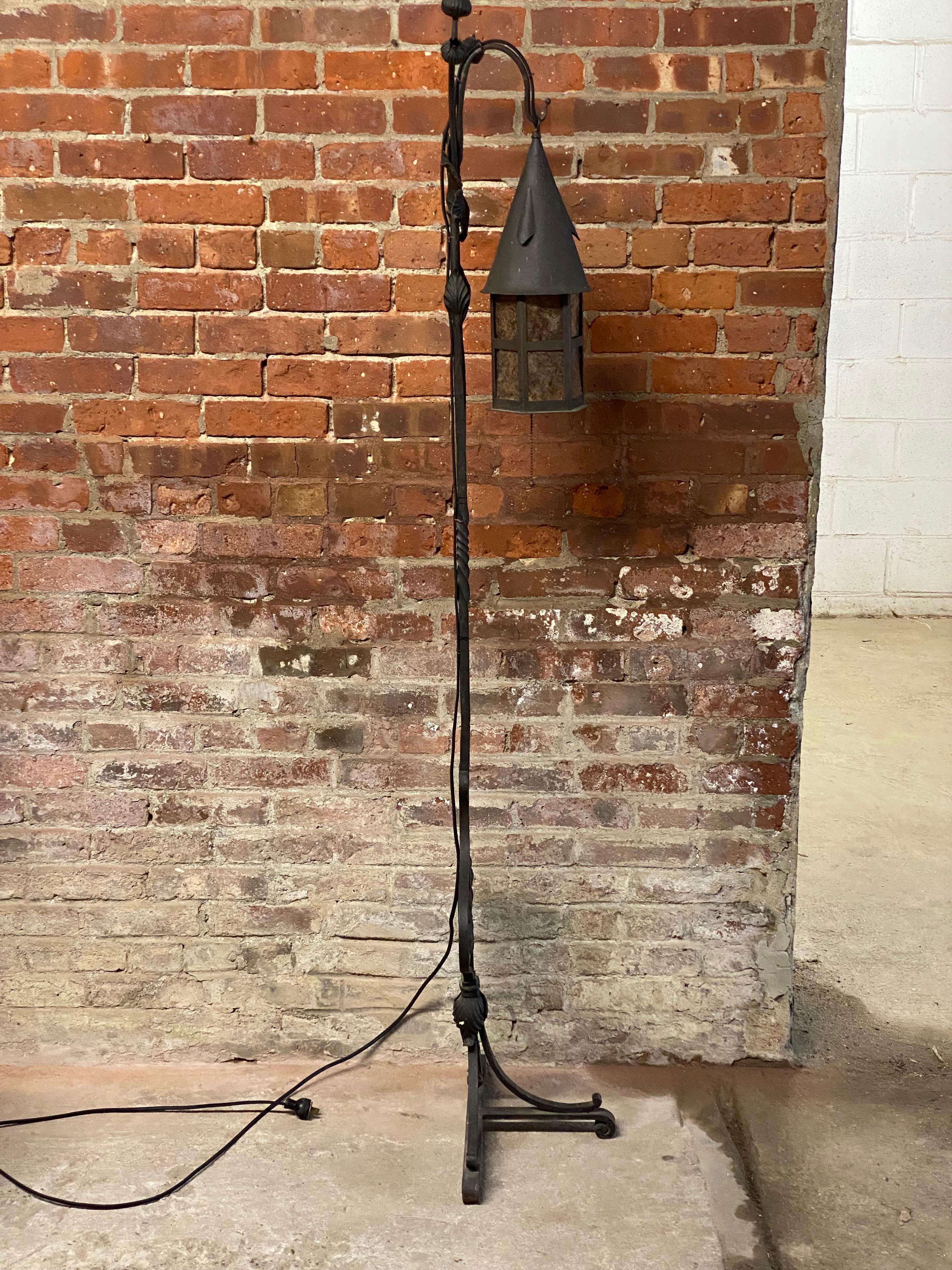 American Arts & Crafts Wrought Iron and Mica Scroll and Poppy Floor Lamp