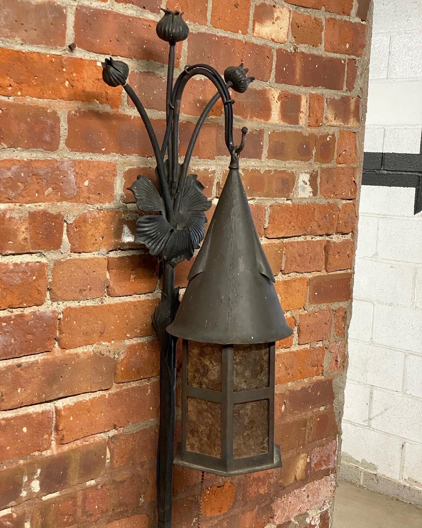 Early 20th Century Arts & Crafts Wrought Iron and Mica Scroll and Poppy Floor Lamp