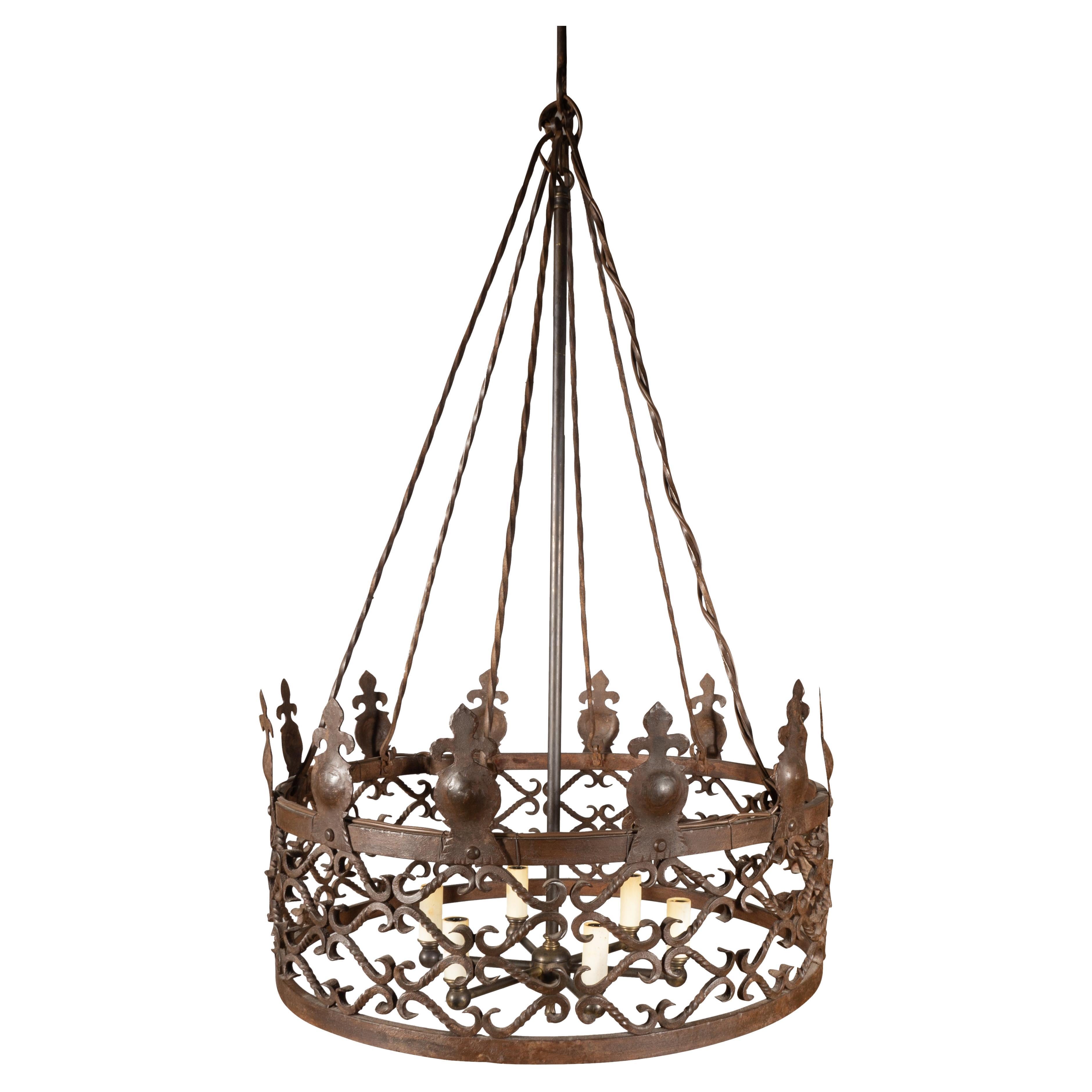 Lampadario in ferro battuto di Arts And Crafts
