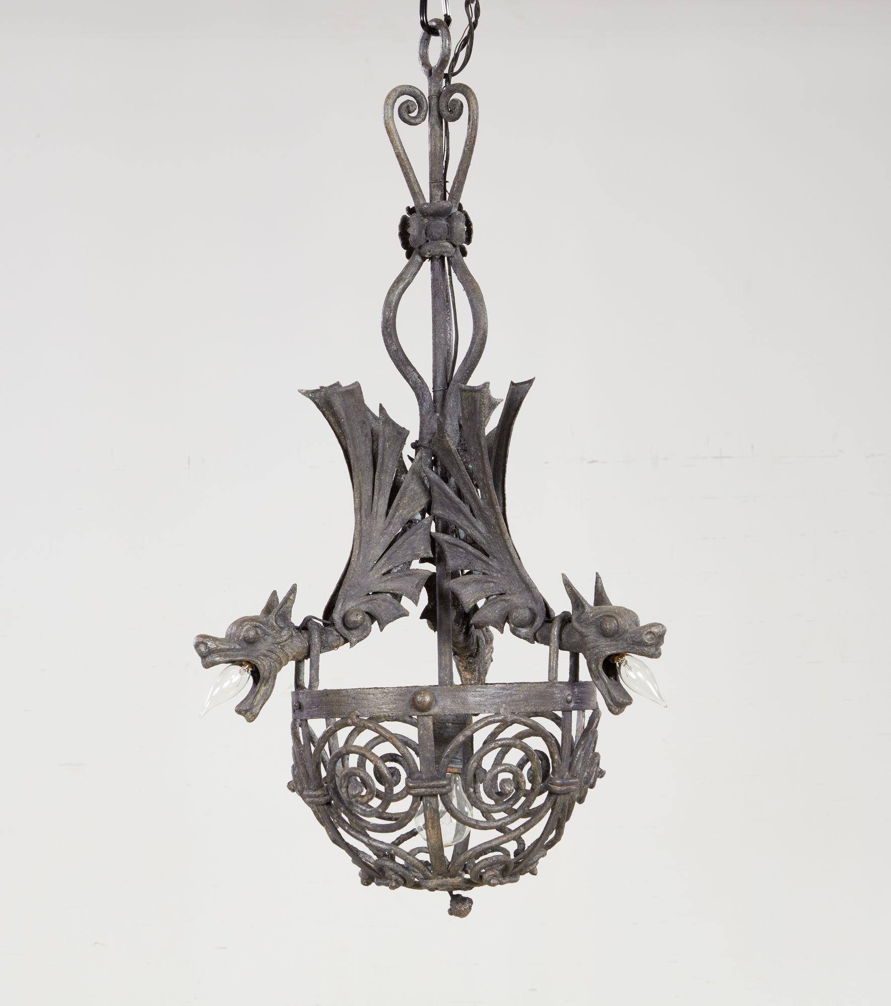 Arts and Crafts Wrought Iron Dragon Chandelier For Sale 6