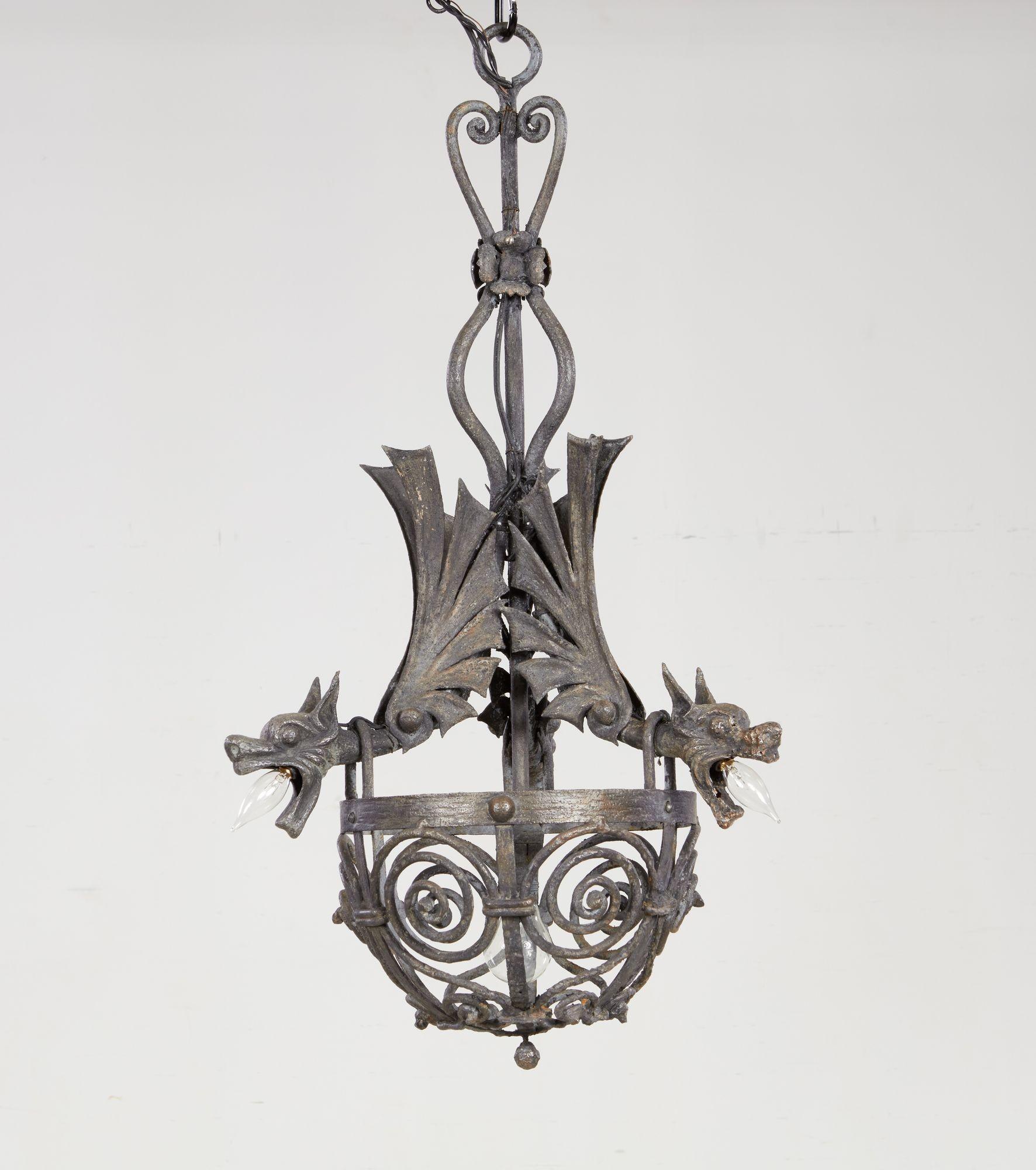 Arts and Crafts Wrought Iron Dragon Chandelier For Sale 1