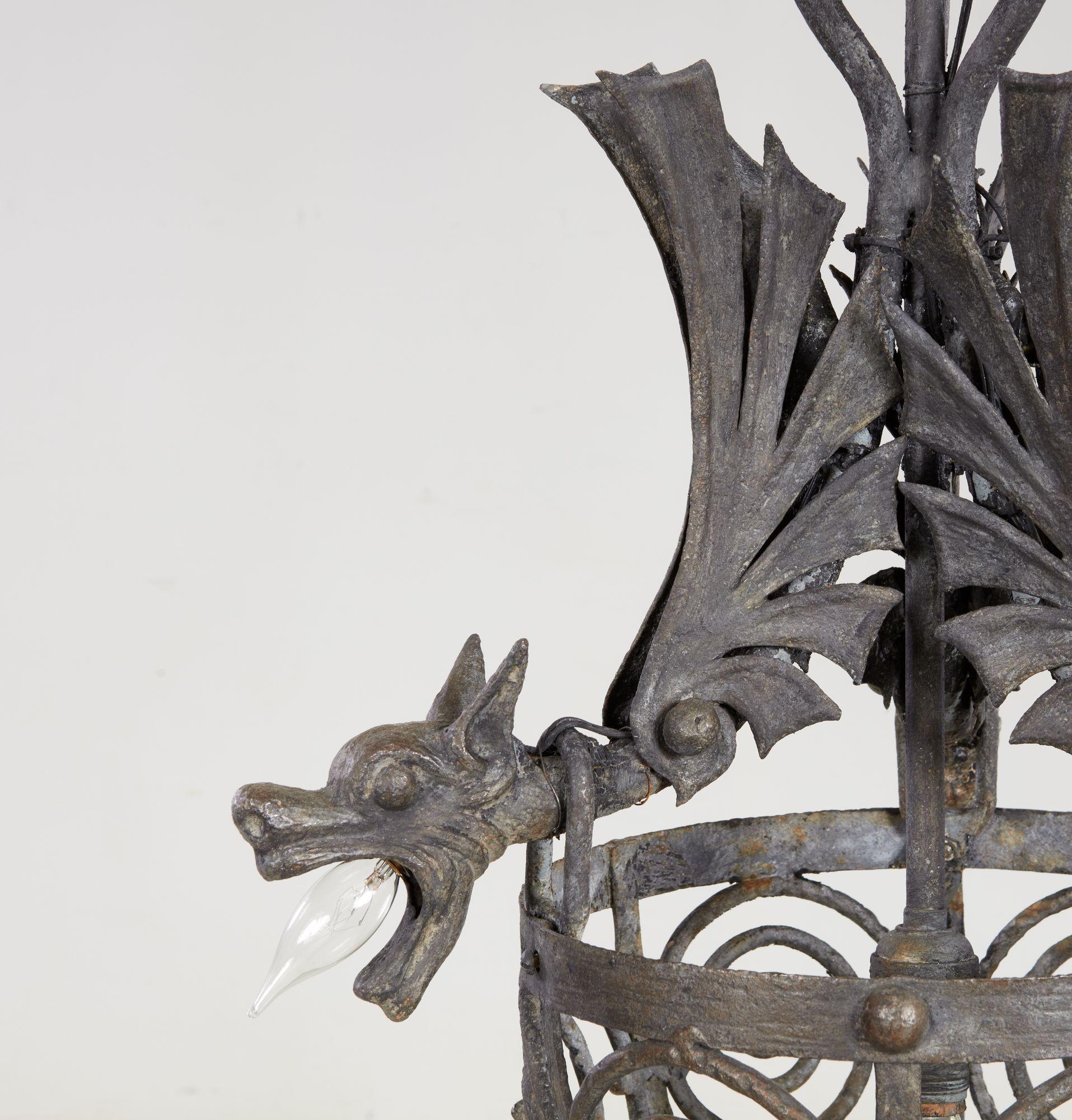 Arts and Crafts Wrought Iron Dragon Chandelier For Sale 4